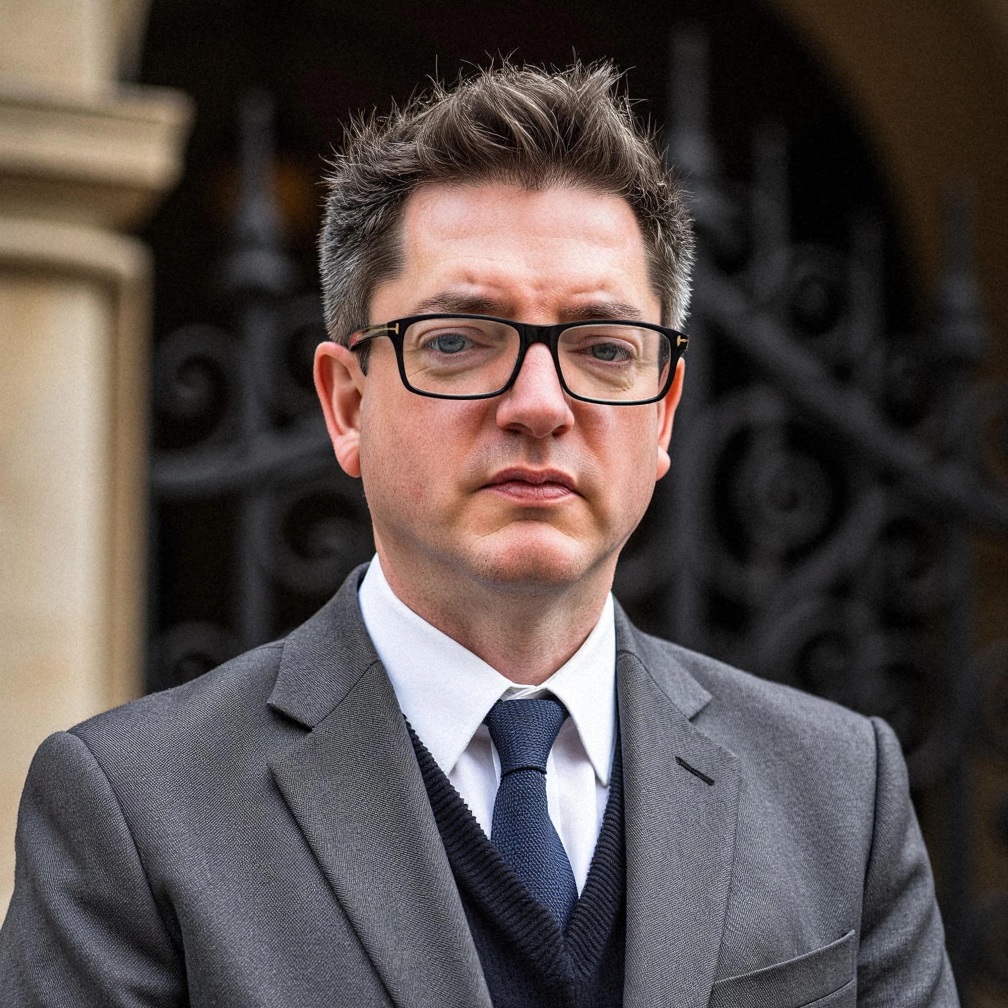 Professional headshot example: Man Outdoors Gray Suit Glasses — LinkedInHeadshots.ai