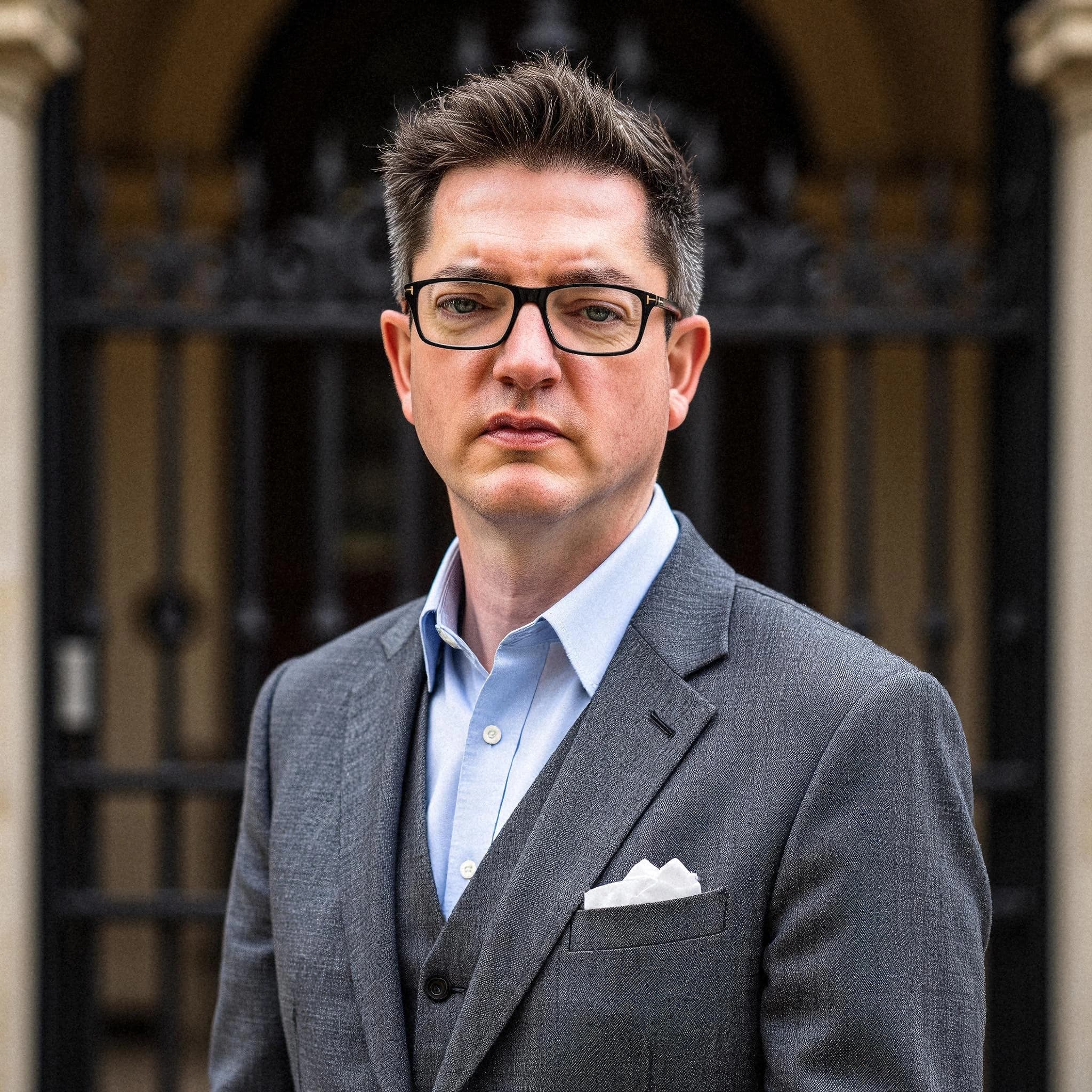 Professional headshot example: Man Outdoors Gray Suit Standing — LinkedInHeadshots.ai