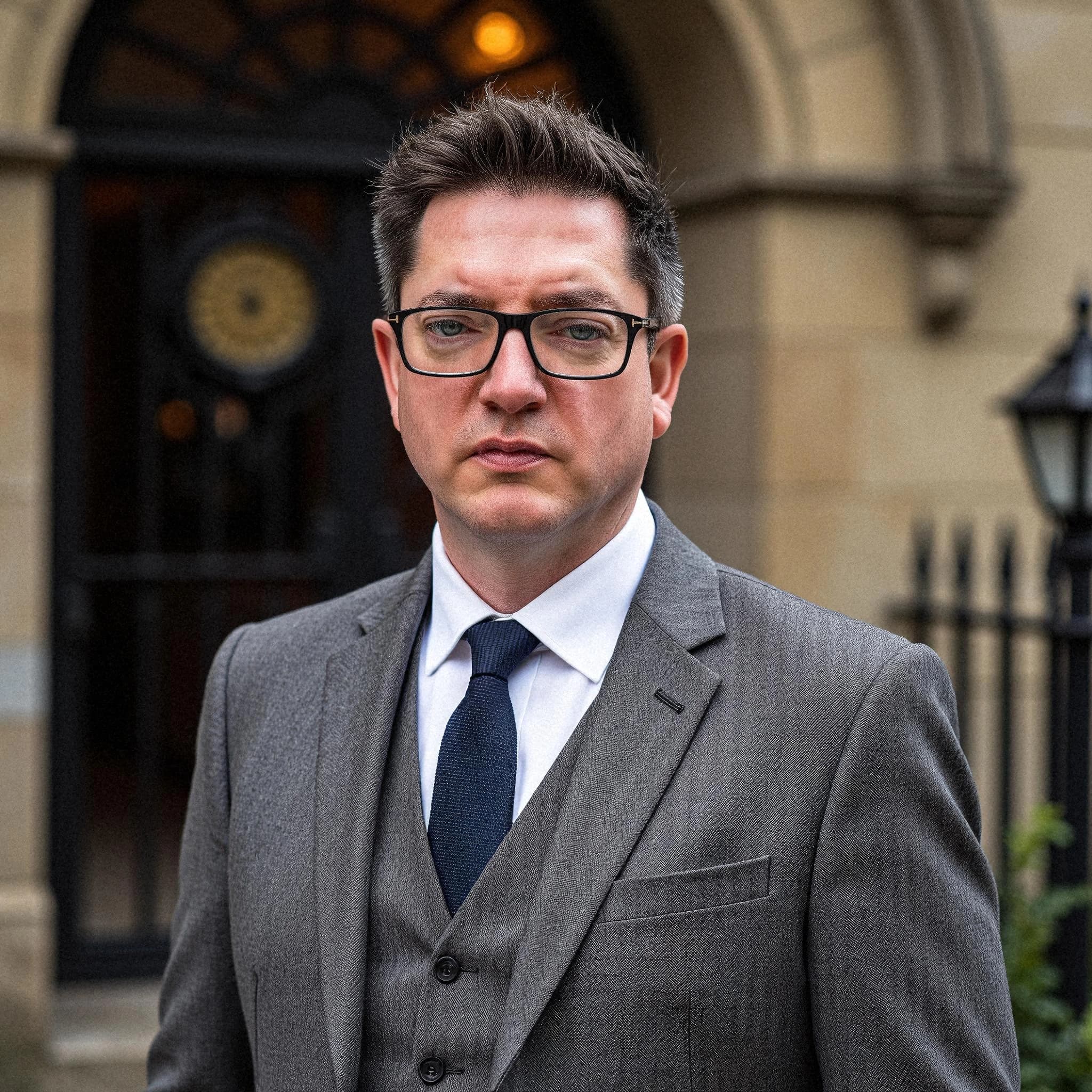 Professional headshot example: Man Outdoors Gray Suit Standing 2 — LinkedInHeadshots.ai