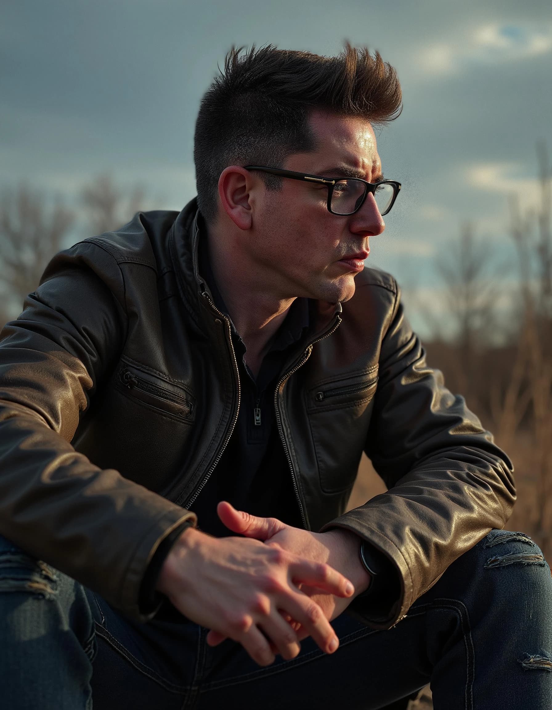 Professional headshot example: Man Outdoors Leather Jacket Sitting — LinkedInHeadshots.ai