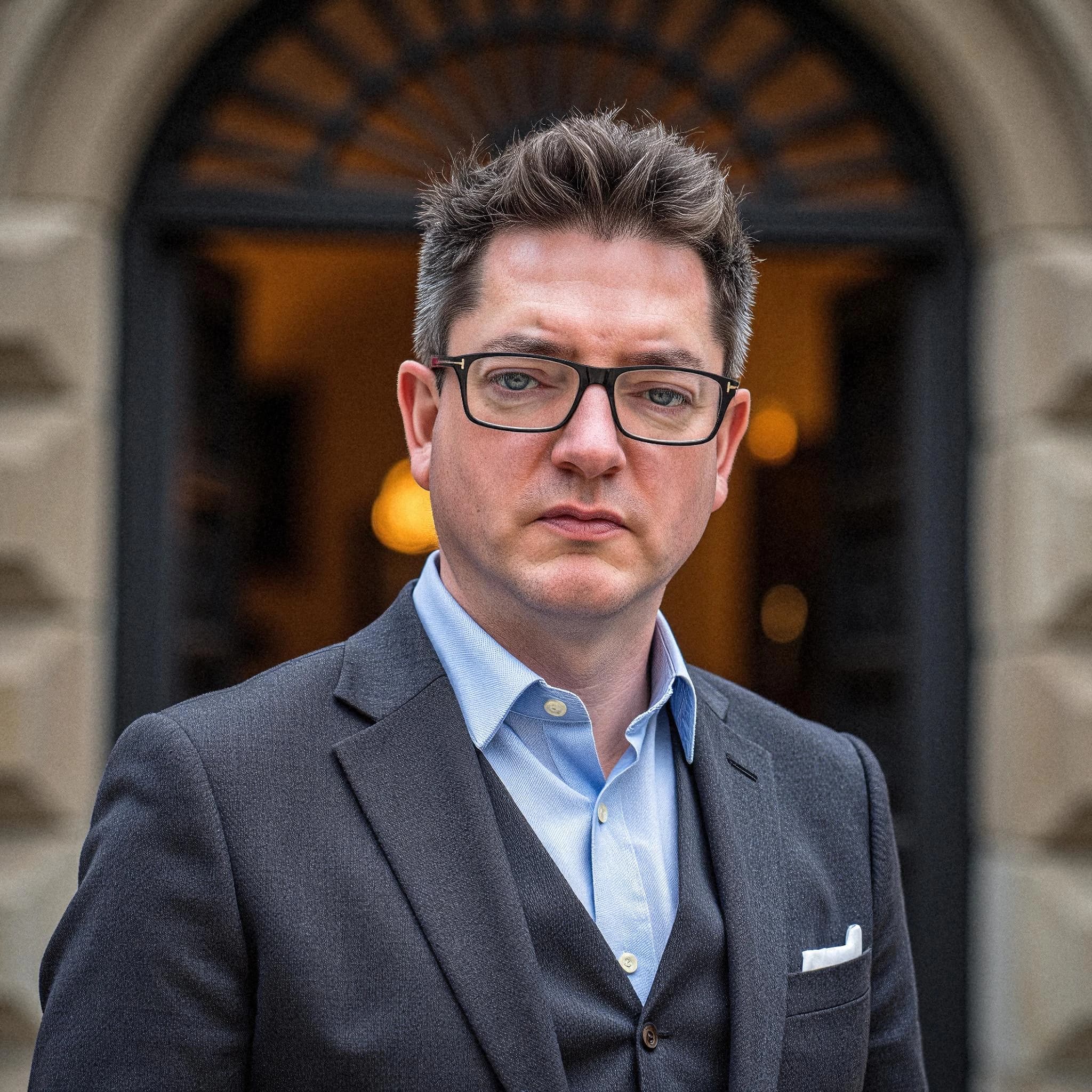 Professional headshot example: Man Outdoors Suit Glasses Standing — LinkedInHeadshots.ai