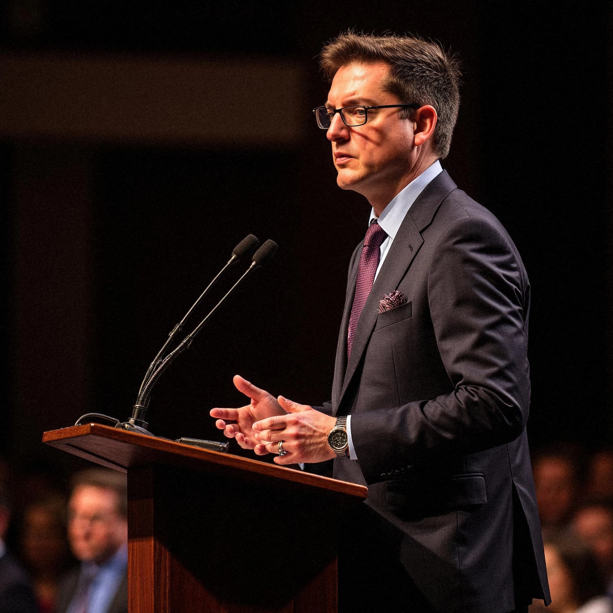 Professional headshot example: Man Podium Suit Speaking — LinkedInHeadshots.ai