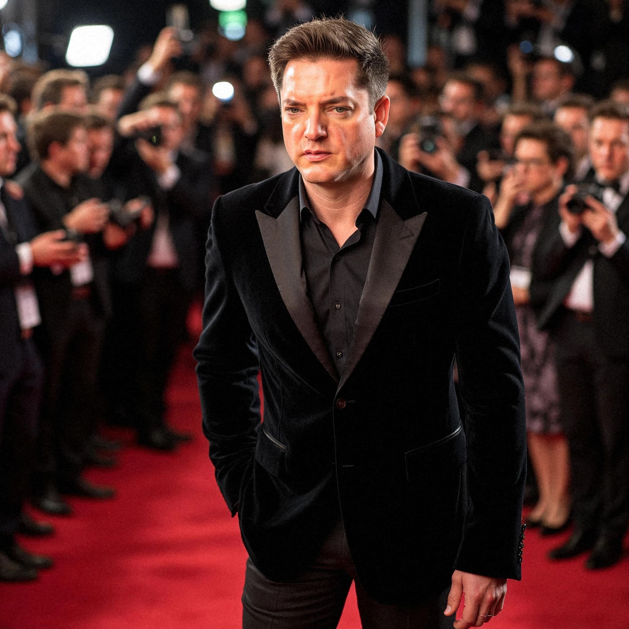 Professional headshot example: Man Red Carpet Black Suit Standing 2 — LinkedInHeadshots.ai