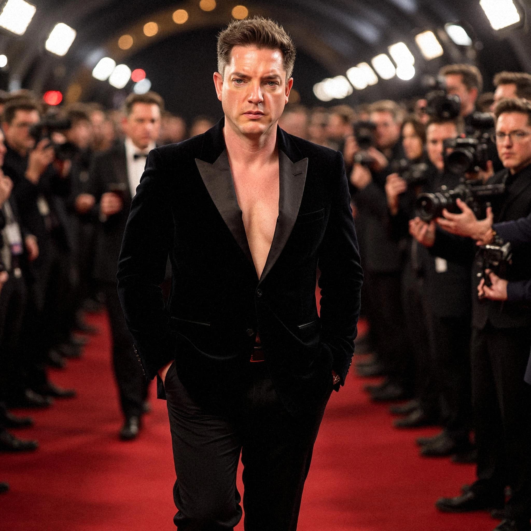 Professional headshot example: Man Red Carpet Black Suit Walking — LinkedInHeadshots.ai