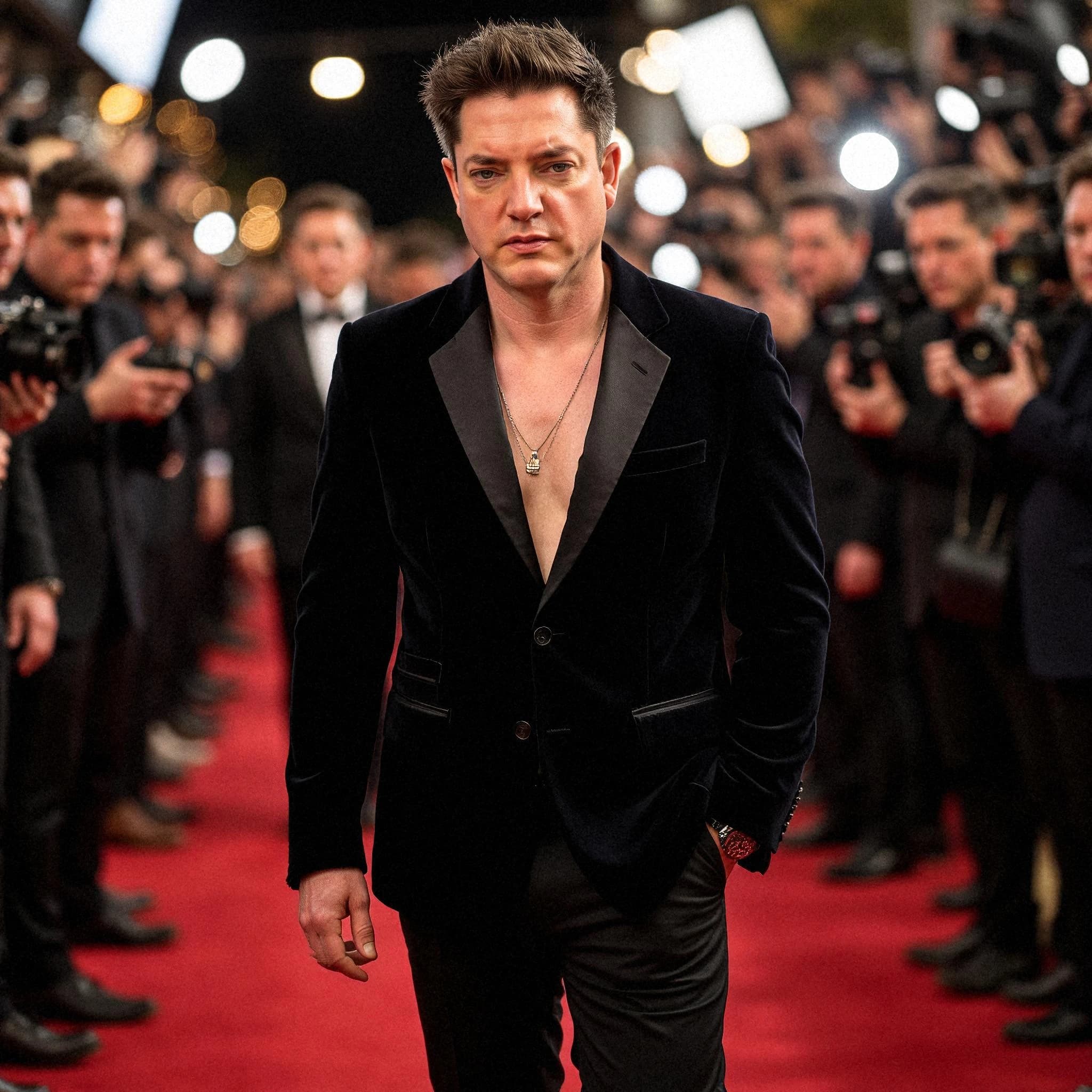 Professional headshot example: Man Red Carpet Black Suit Walking 2 — LinkedInHeadshots.ai