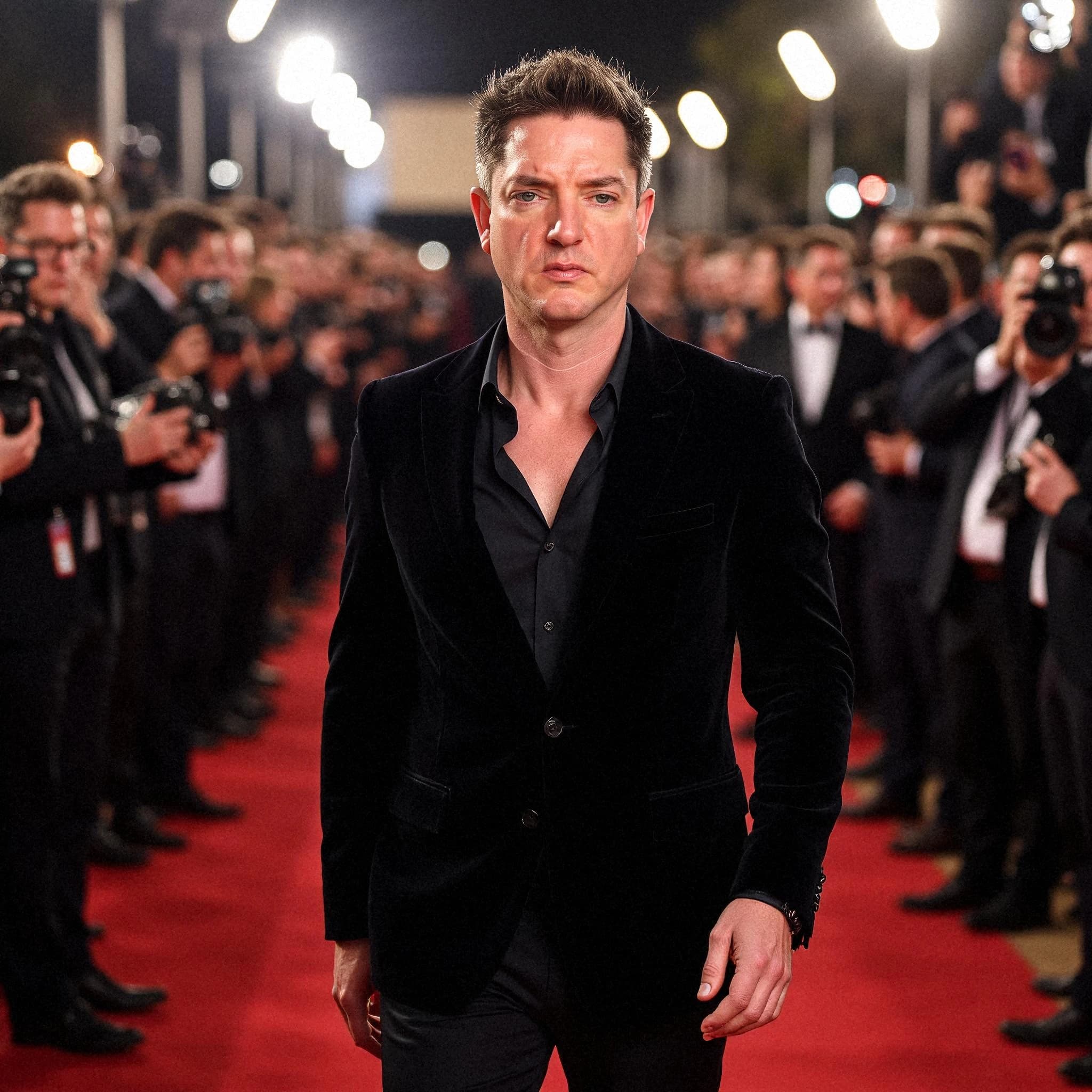 Professional headshot example: Man Red Carpet Black Suit Walking 3 — LinkedInHeadshots.ai