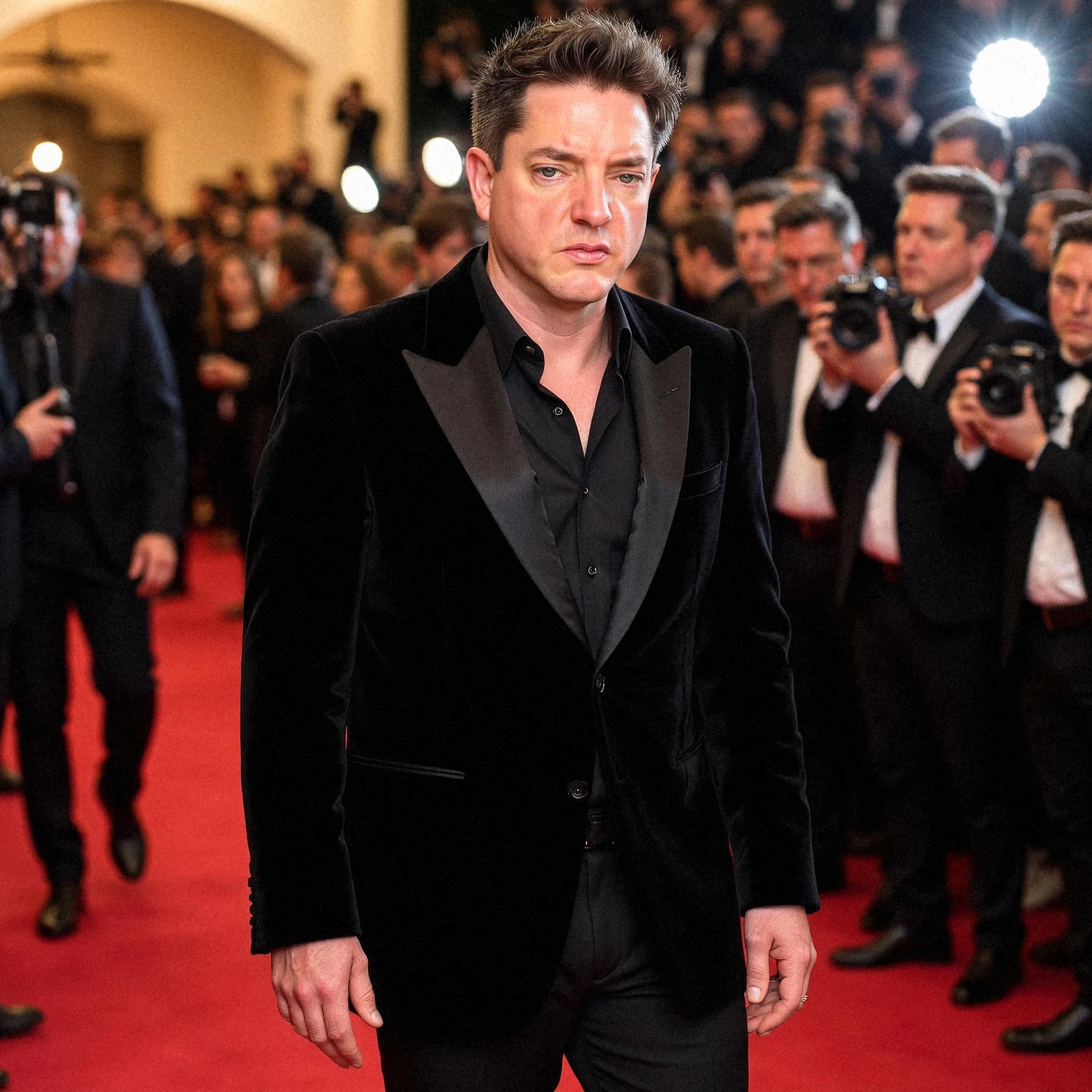 Professional headshot example: Man Red Carpet Black Suit Walking 4 — LinkedInHeadshots.ai