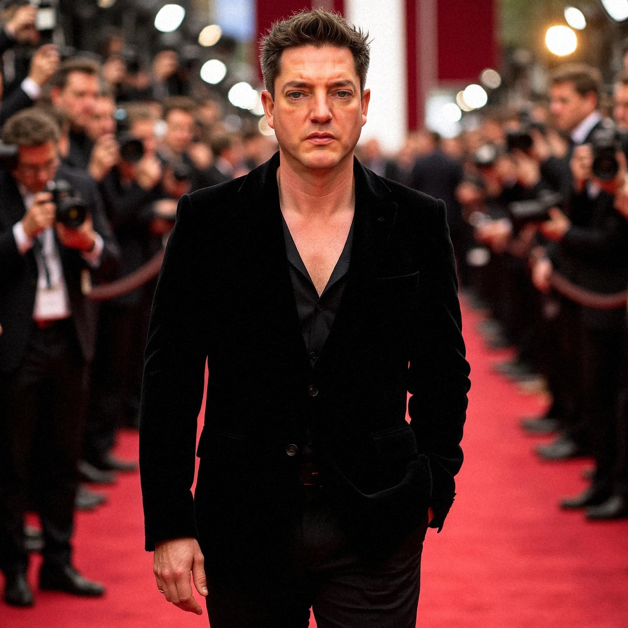 Professional headshot example: Man Red Carpet Black Suit Walking 5 — LinkedInHeadshots.ai