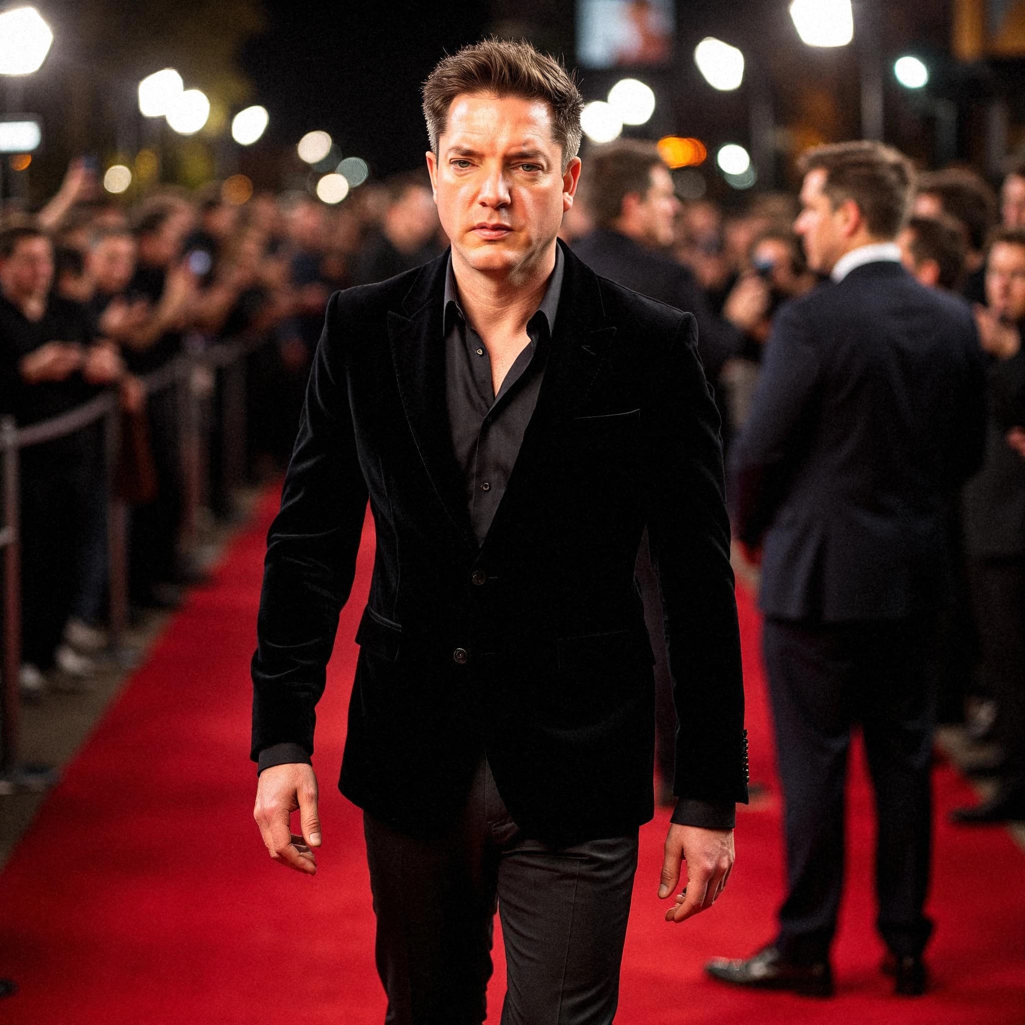 Professional headshot example: Man Red Carpet Black Suit Walking 6 — LinkedInHeadshots.ai