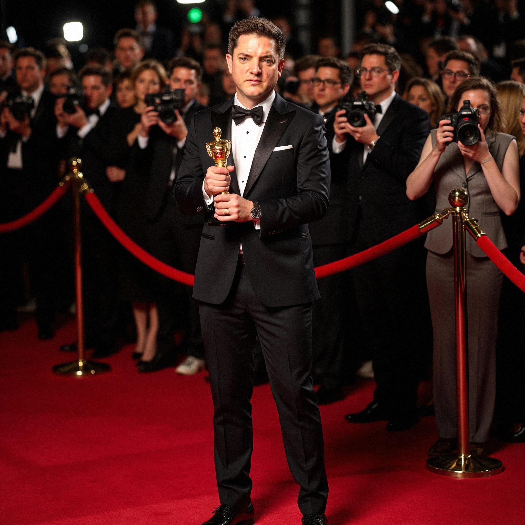 Professional headshot example: Man Red Carpet Black Tux Holding Award — LinkedInHeadshots.ai