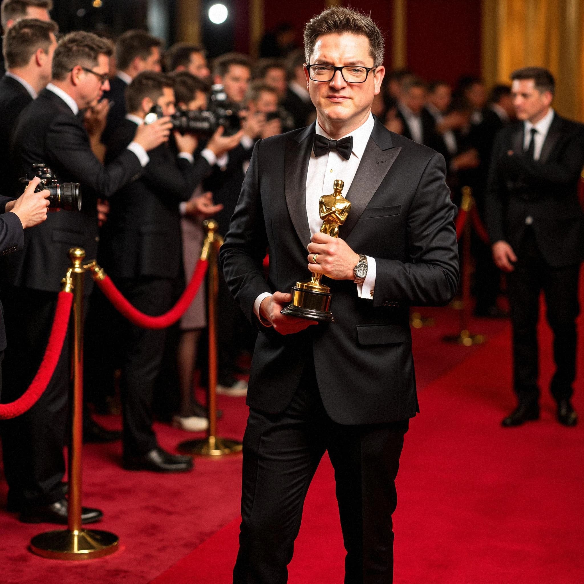 Professional headshot example: Man Red Carpet Black Tuxedo Holding Award — LinkedInHeadshots.ai