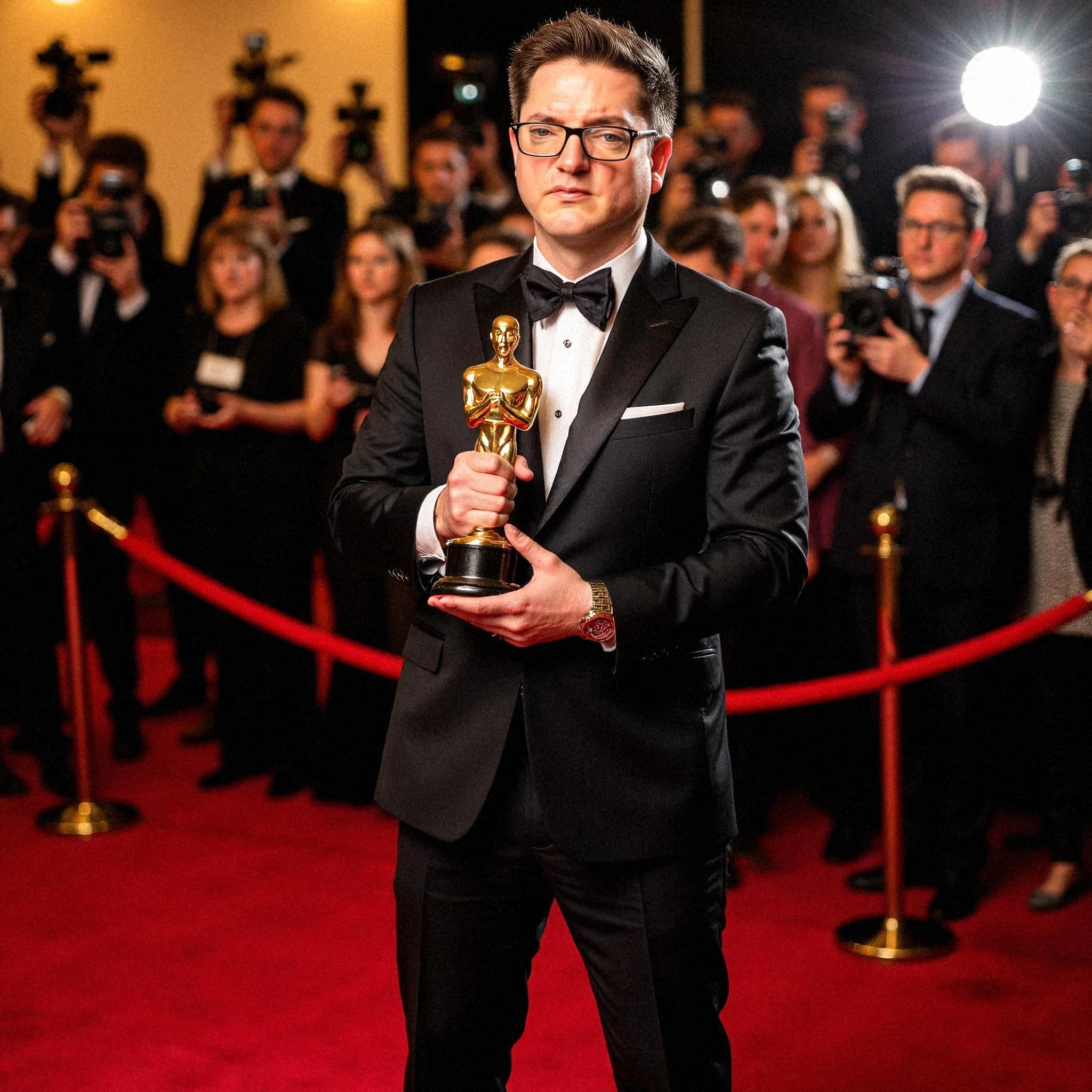 Professional headshot example: Man Red Carpet Black Tuxedo Holding Award 2 — LinkedInHeadshots.ai