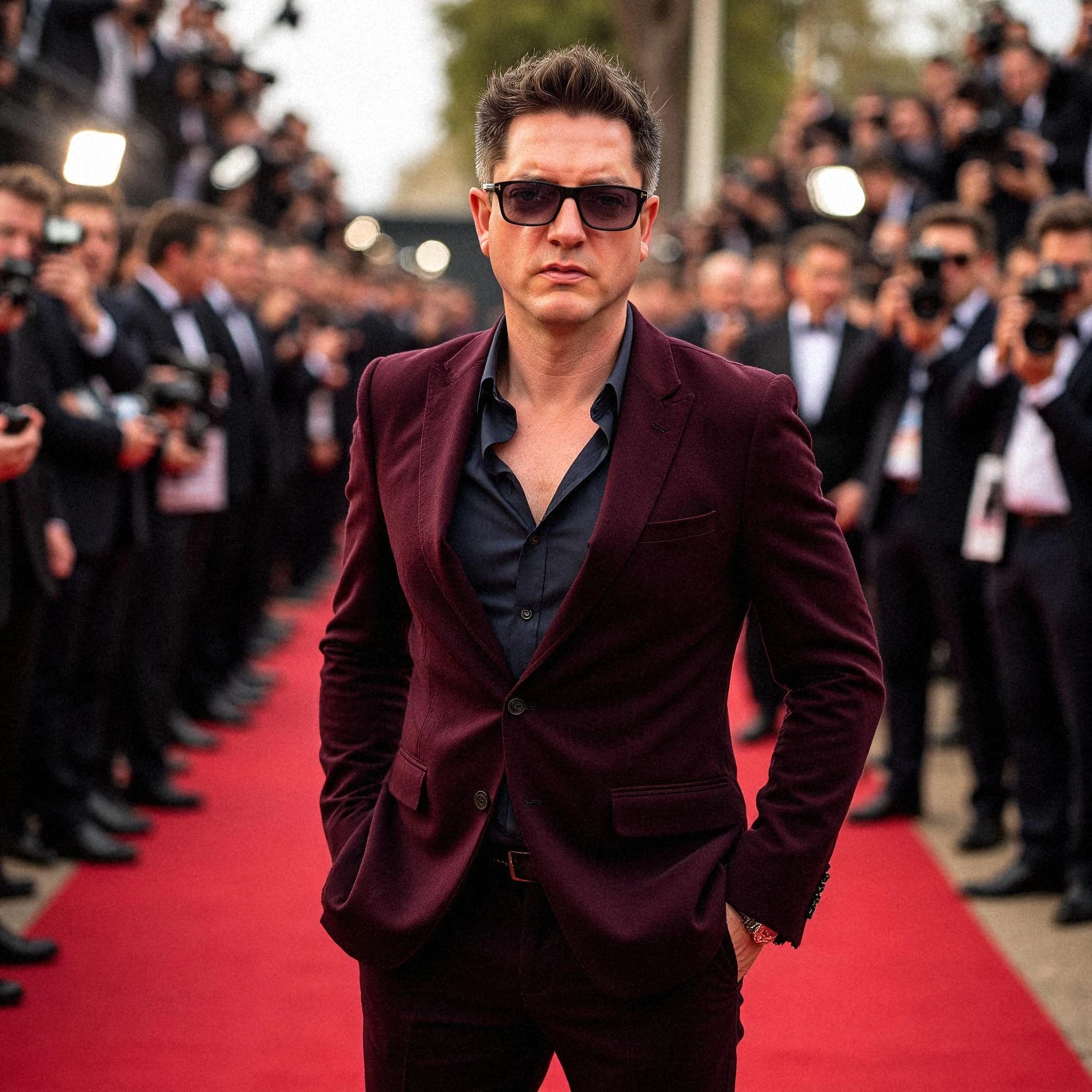 Professional headshot example: Man Red Carpet Burgundy Suit Standing — LinkedInHeadshots.ai