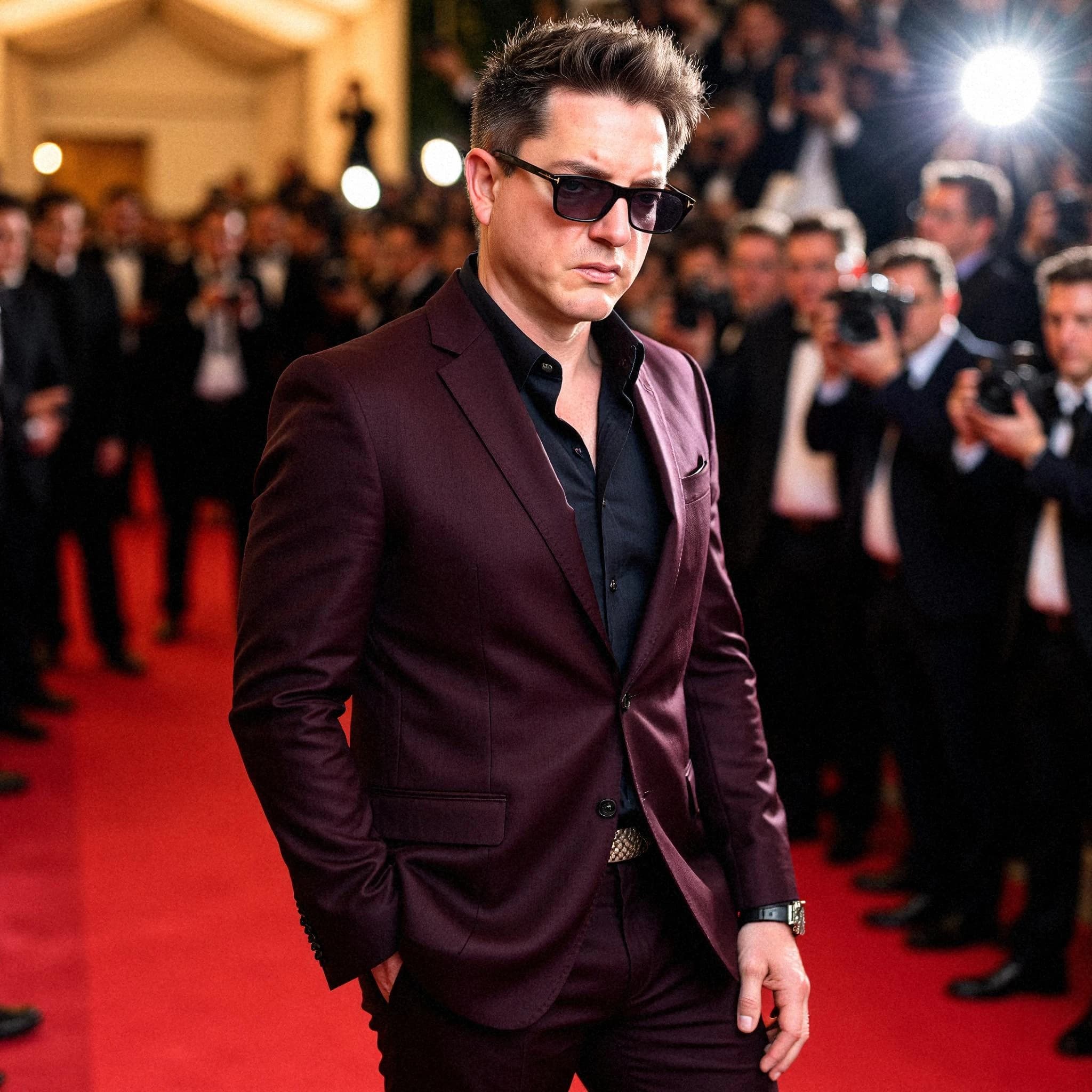 Professional headshot example: Man Red Carpet Burgundy Suit Standing 2 — LinkedInHeadshots.ai