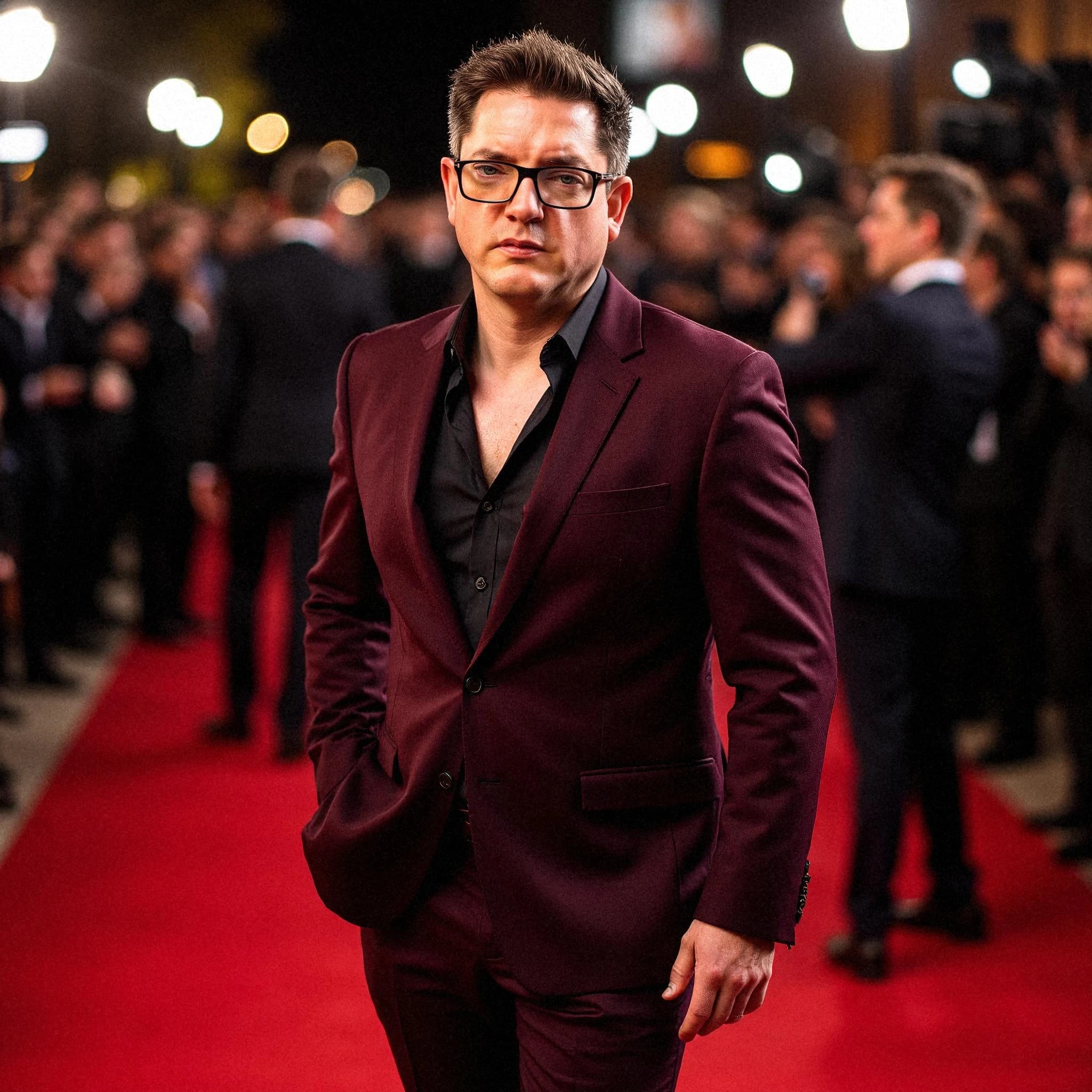 Professional headshot example: Man Red Carpet Burgundy Suit Standing 3 — LinkedInHeadshots.ai