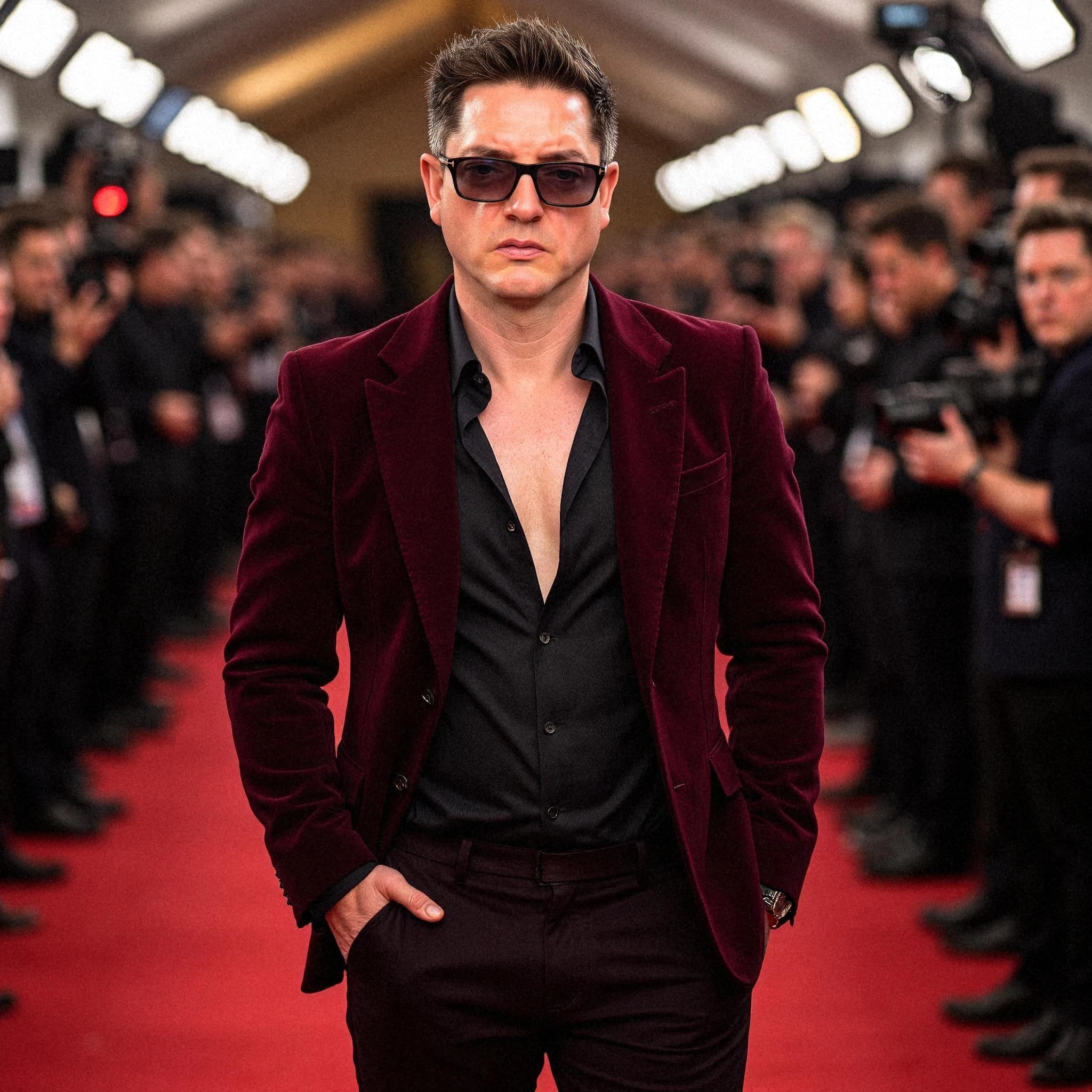 Professional headshot example: Man Red Carpet Burgundy Suit Walking — LinkedInHeadshots.ai