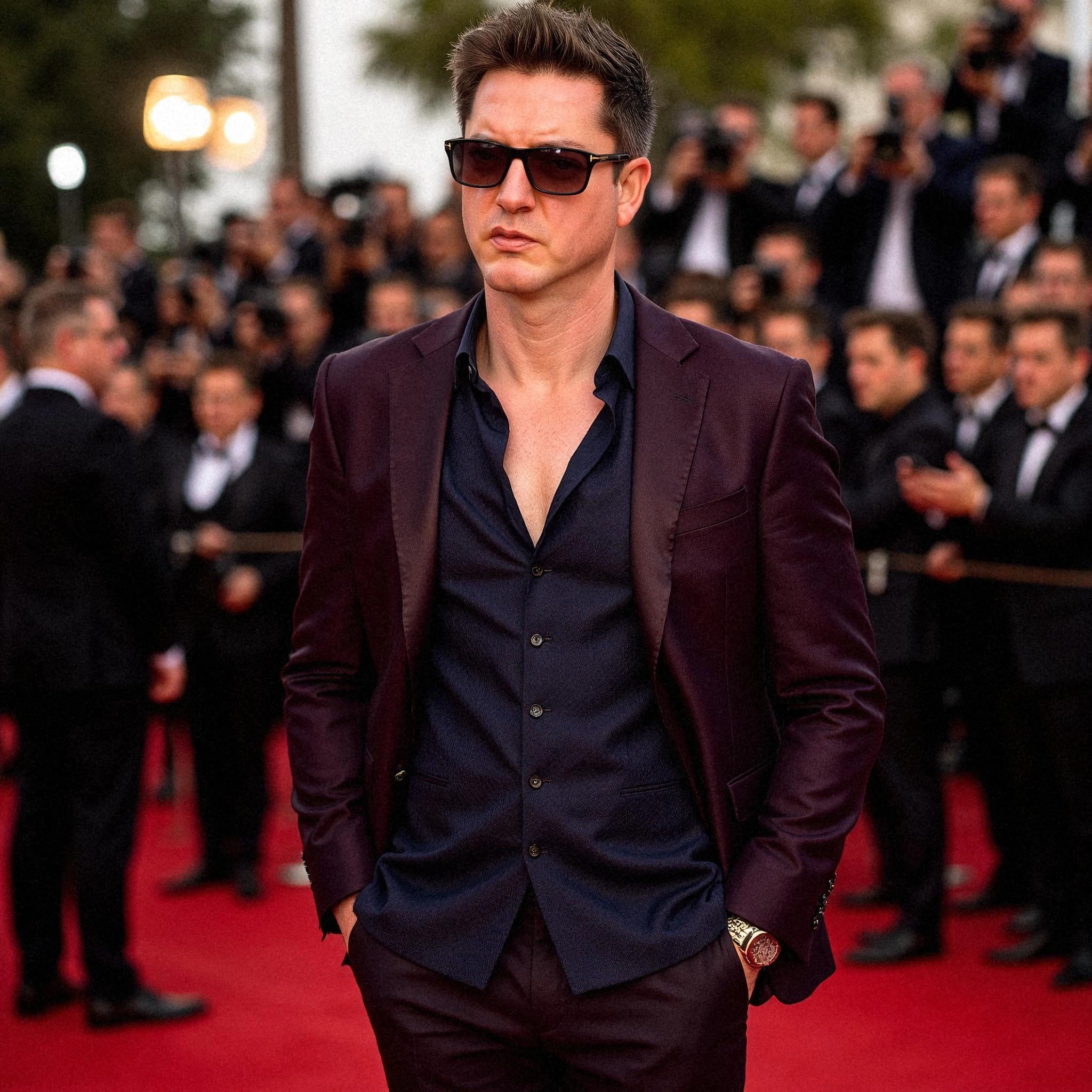 Professional headshot example: Man Red Carpet Suit Sunglasses — LinkedInHeadshots.ai