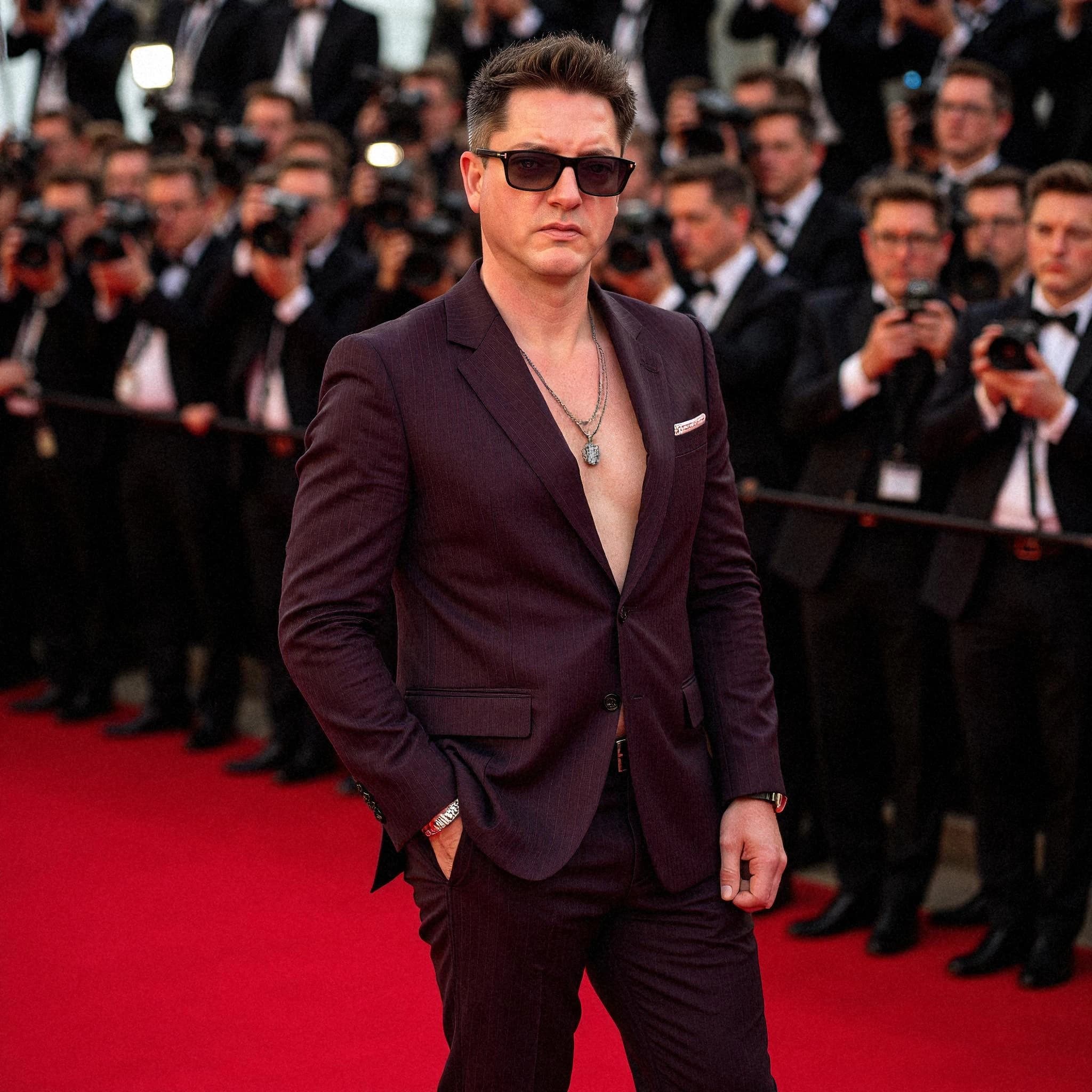 Professional headshot example: Man Red Carpet Suit Sunglasses 3 — LinkedInHeadshots.ai