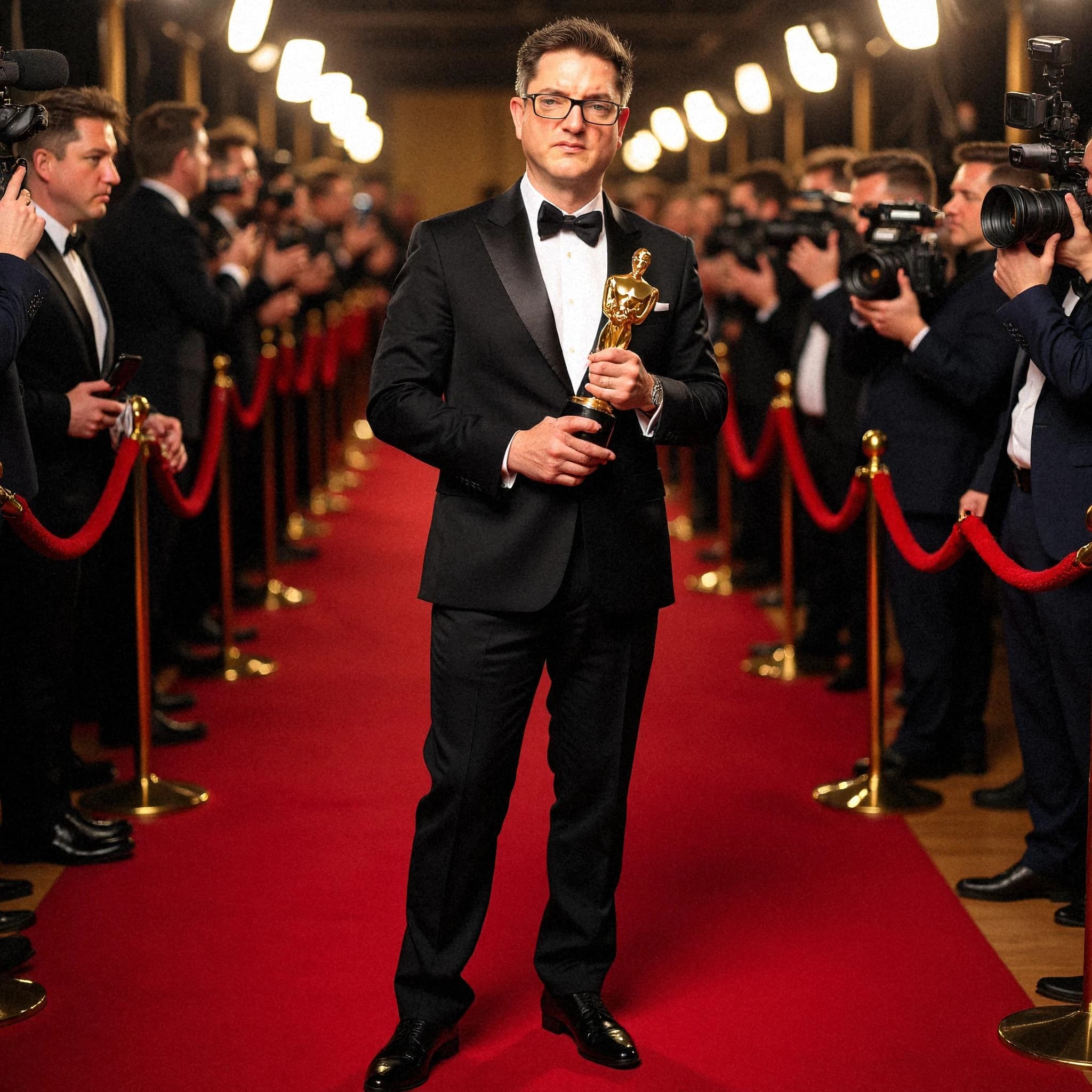 Professional headshot example: Man Red Carpet Tuxedo Holding Award — LinkedInHeadshots.ai