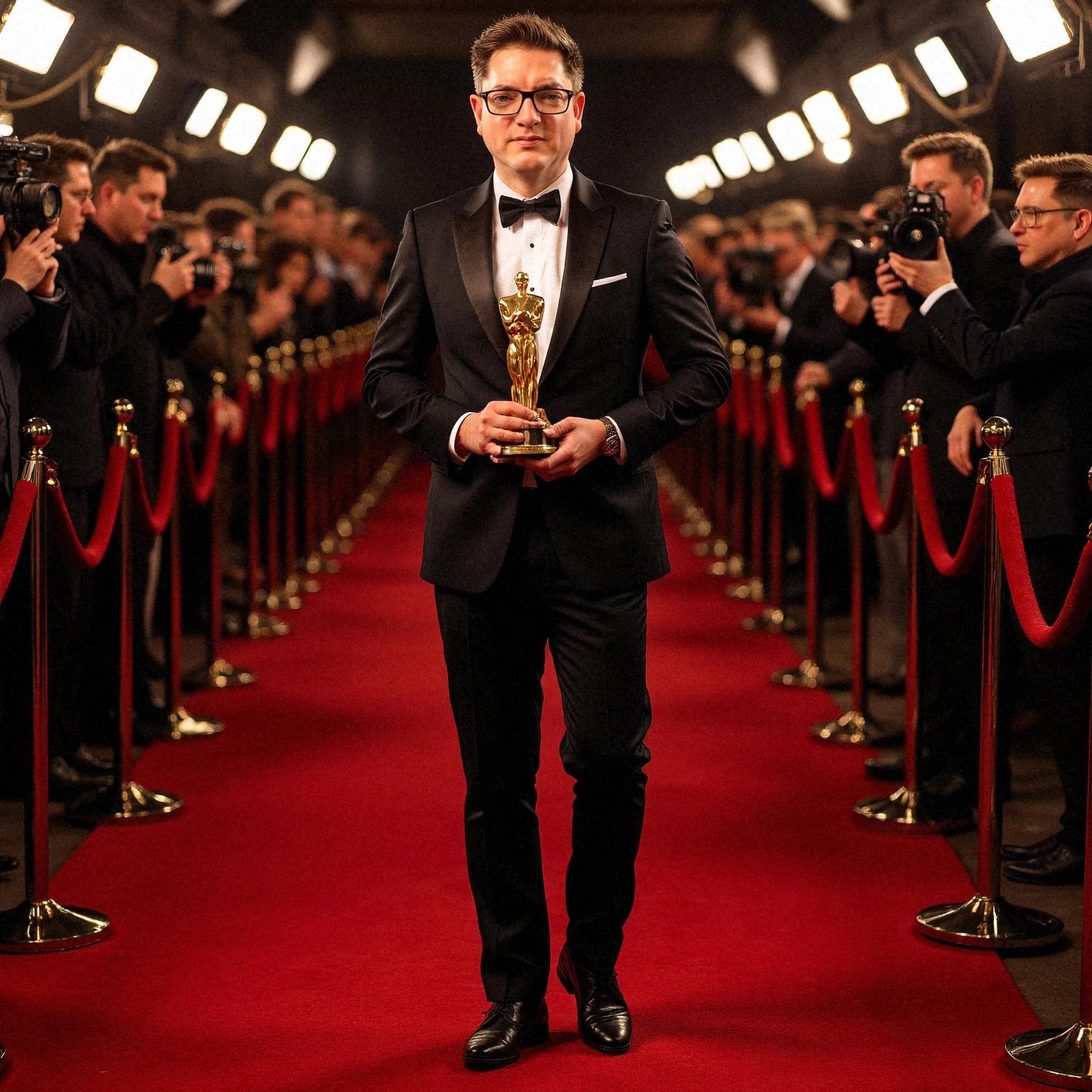 Professional headshot example: Man Red Carpet Tuxedo Holding Award 2 — LinkedInHeadshots.ai