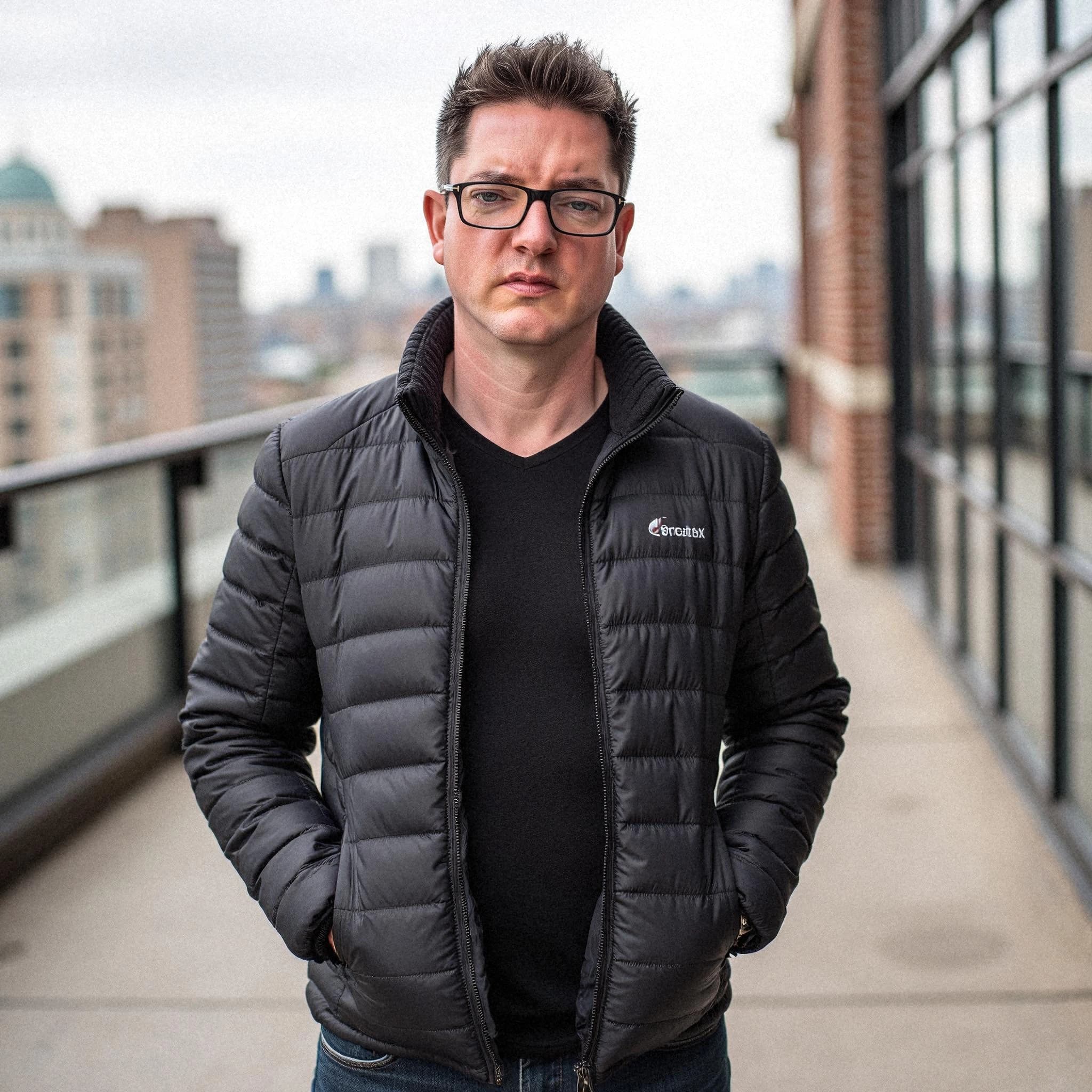 Professional headshot example: Man Rooftop Black Jacket Standing — LinkedInHeadshots.ai