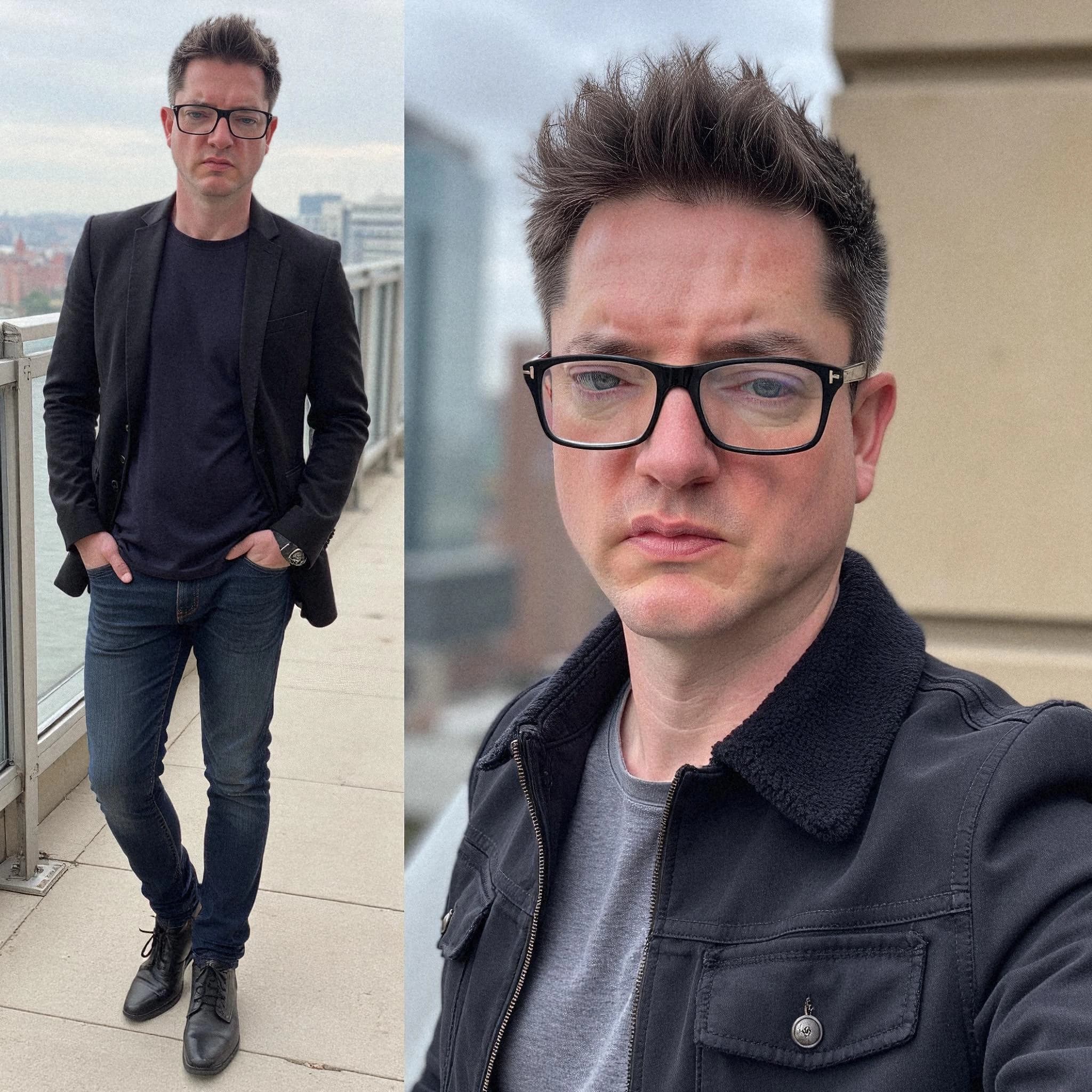 Professional headshot example: Man Rooftop Black Jacket Standing 2 — LinkedInHeadshots.ai