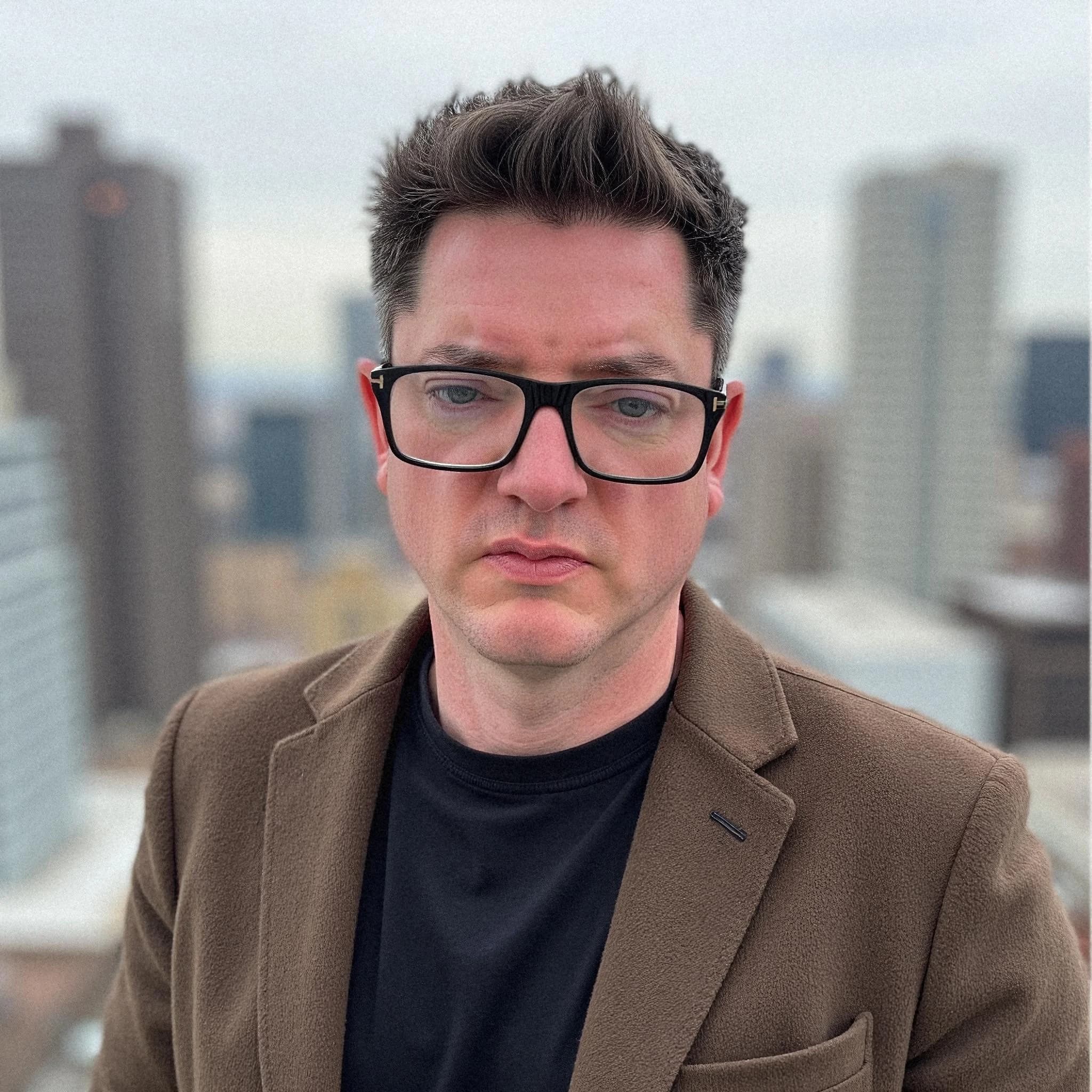 Professional headshot example: Man Rooftop Brown Jacket Standing — LinkedInHeadshots.ai