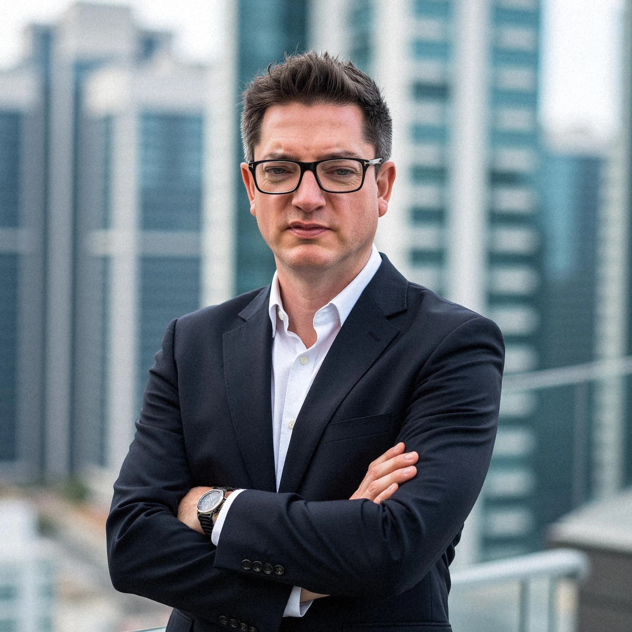 Professional headshot example: Man Rooftop Suit Arms Crossed — LinkedInHeadshots.ai