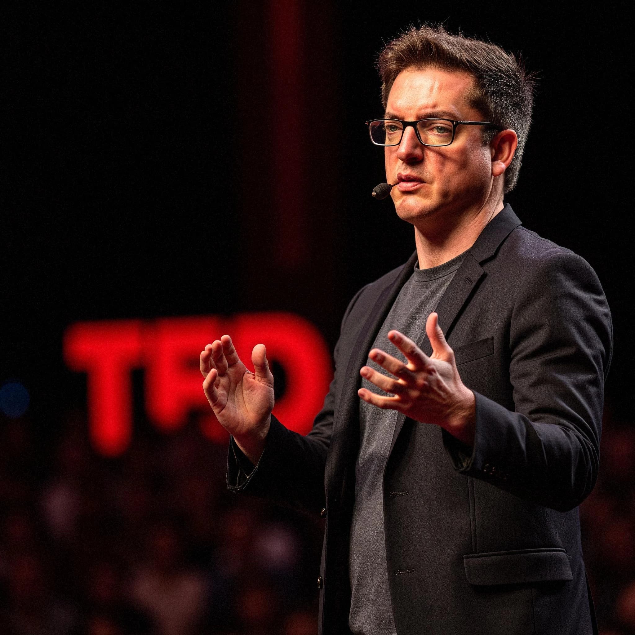 Professional headshot example: Man Stage Black Jacket Speaking 2 — LinkedInHeadshots.ai