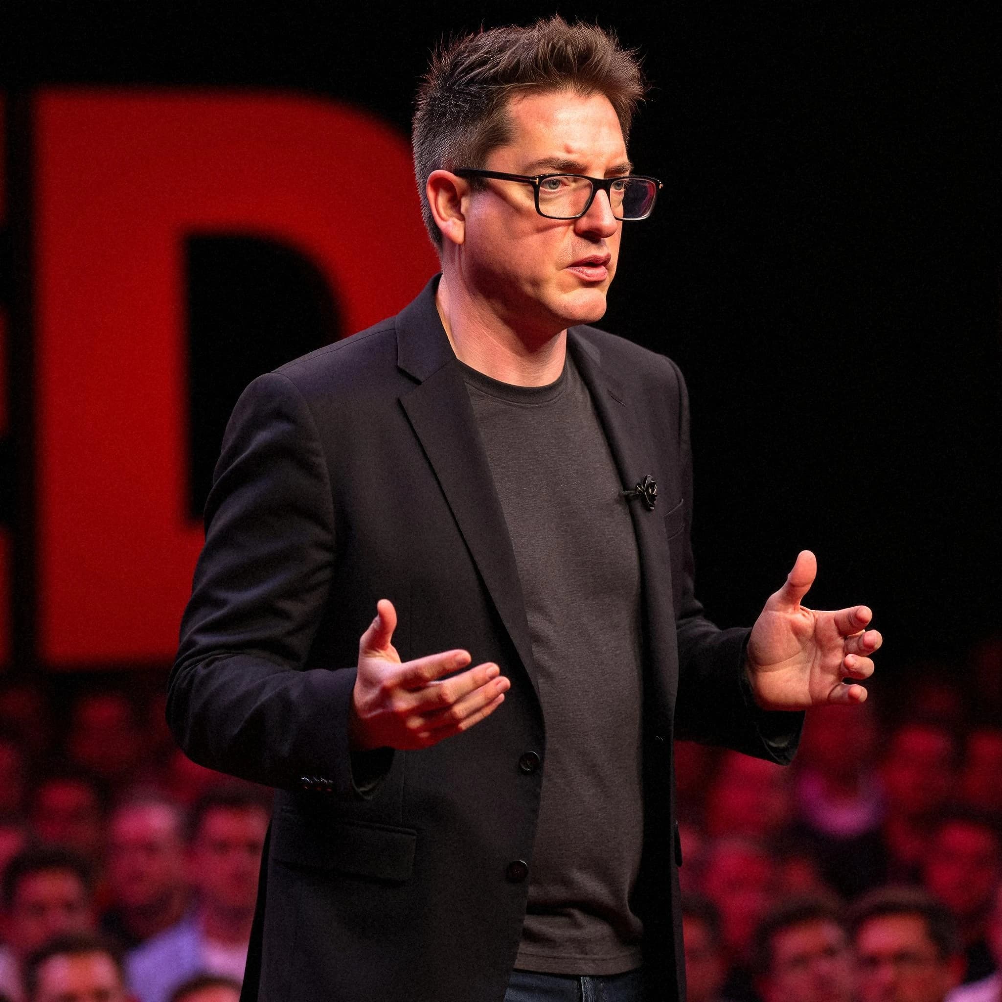 Professional headshot example: Man Stage Black Jacket Speaking 4 — LinkedInHeadshots.ai