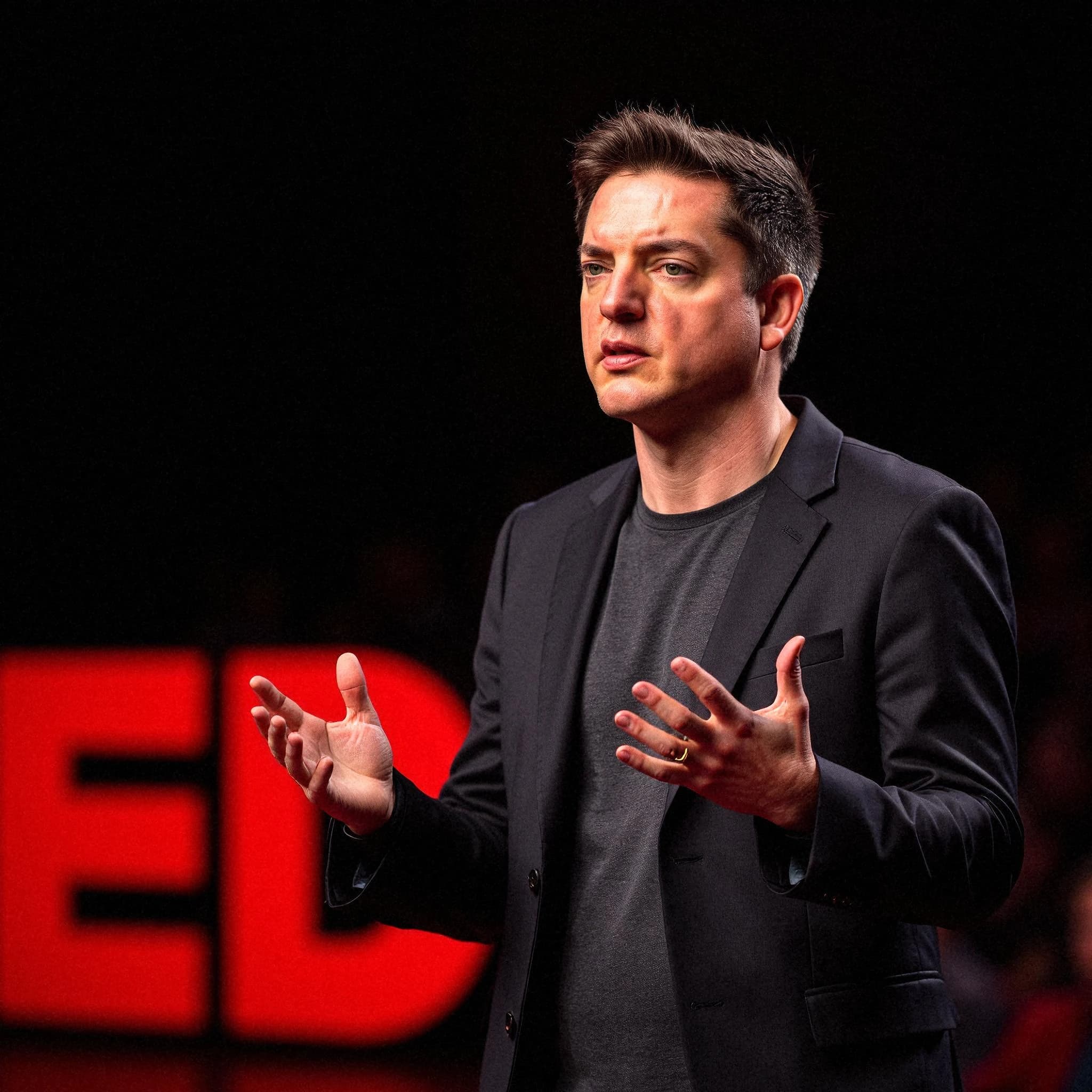 Professional headshot example: Man Stage Black Jacket Speaking 5 — LinkedInHeadshots.ai