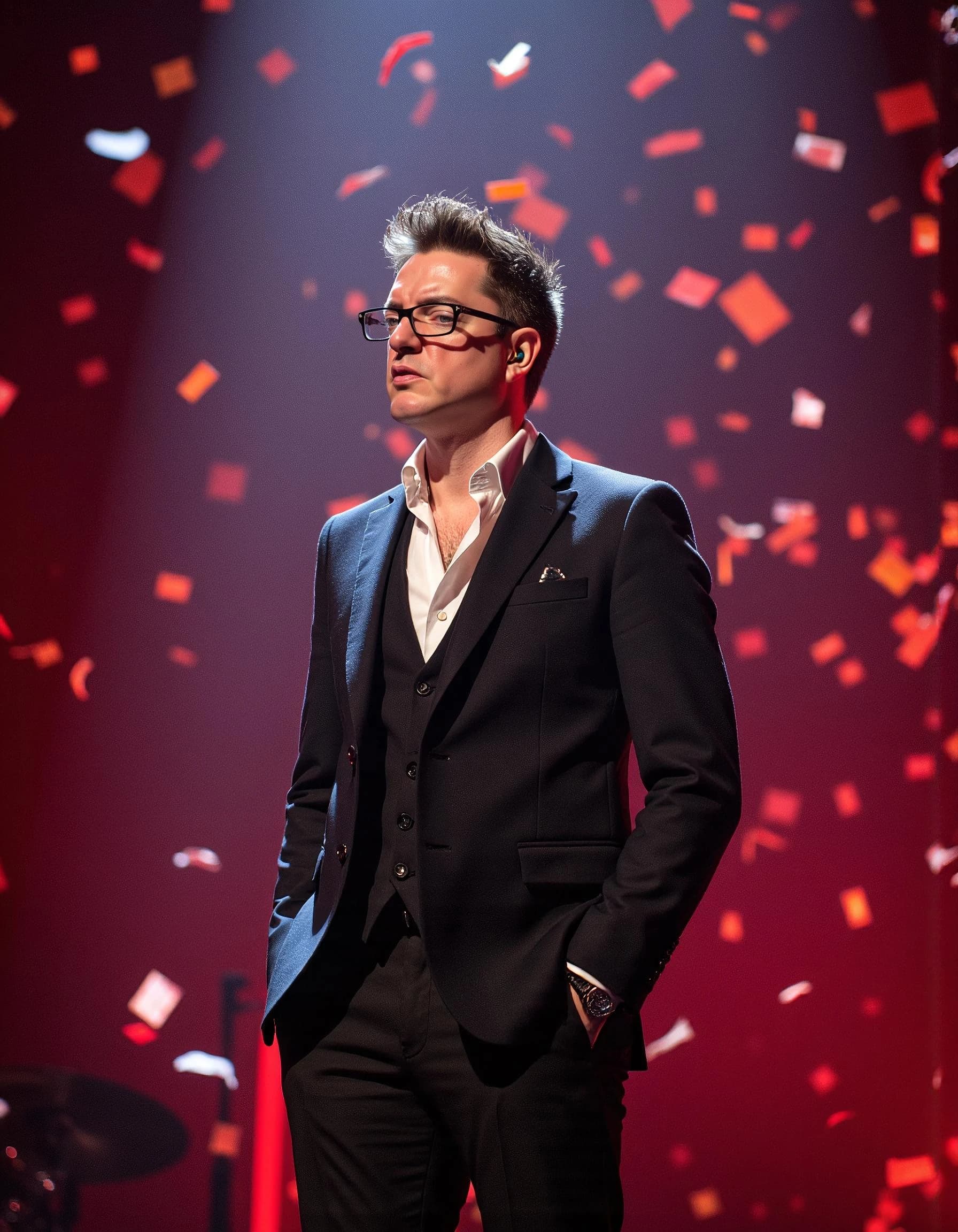 Professional headshot example: Man Stage Black Suit Standing — LinkedInHeadshots.ai