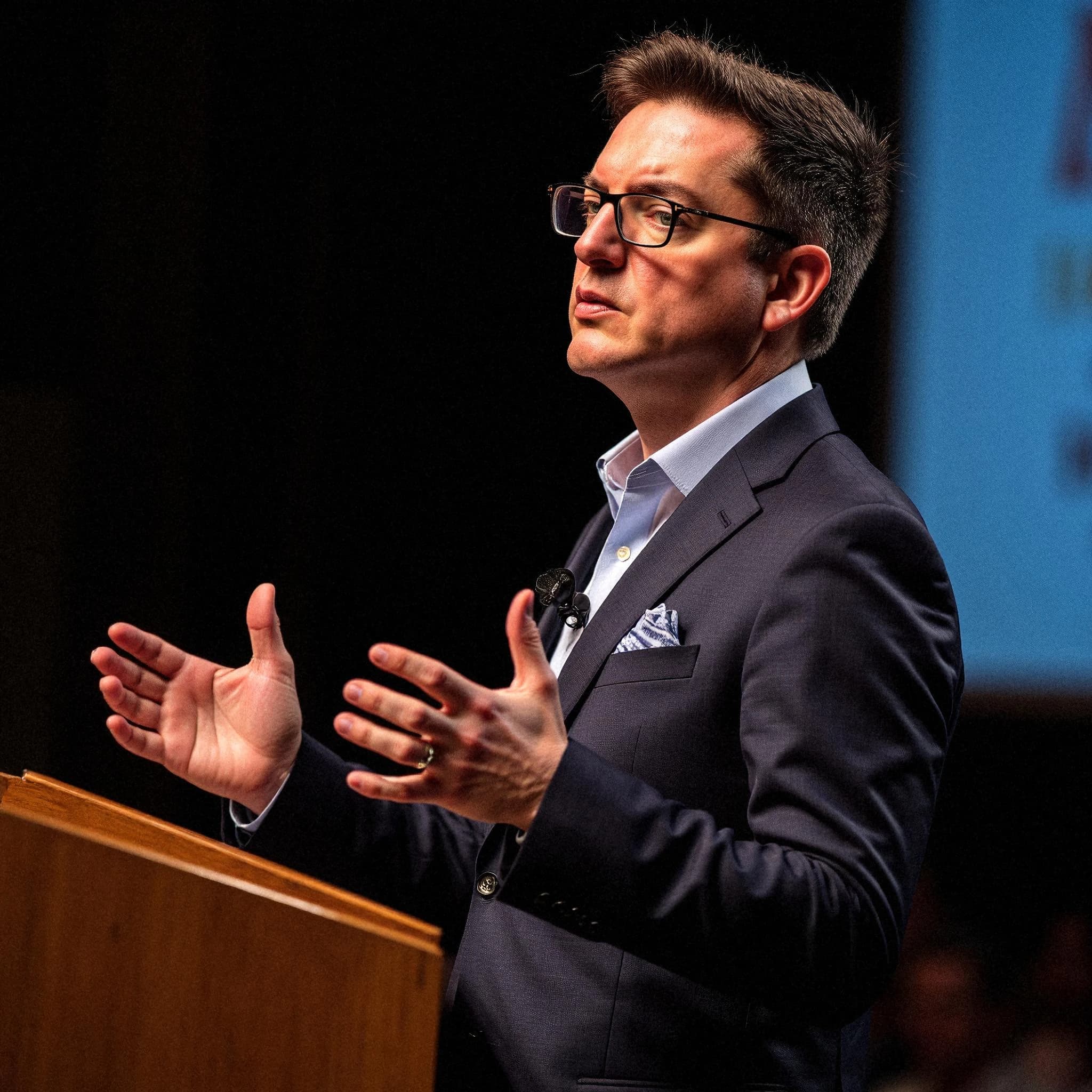 Professional headshot example: Man Stage Blue Suit Speaking — LinkedInHeadshots.ai