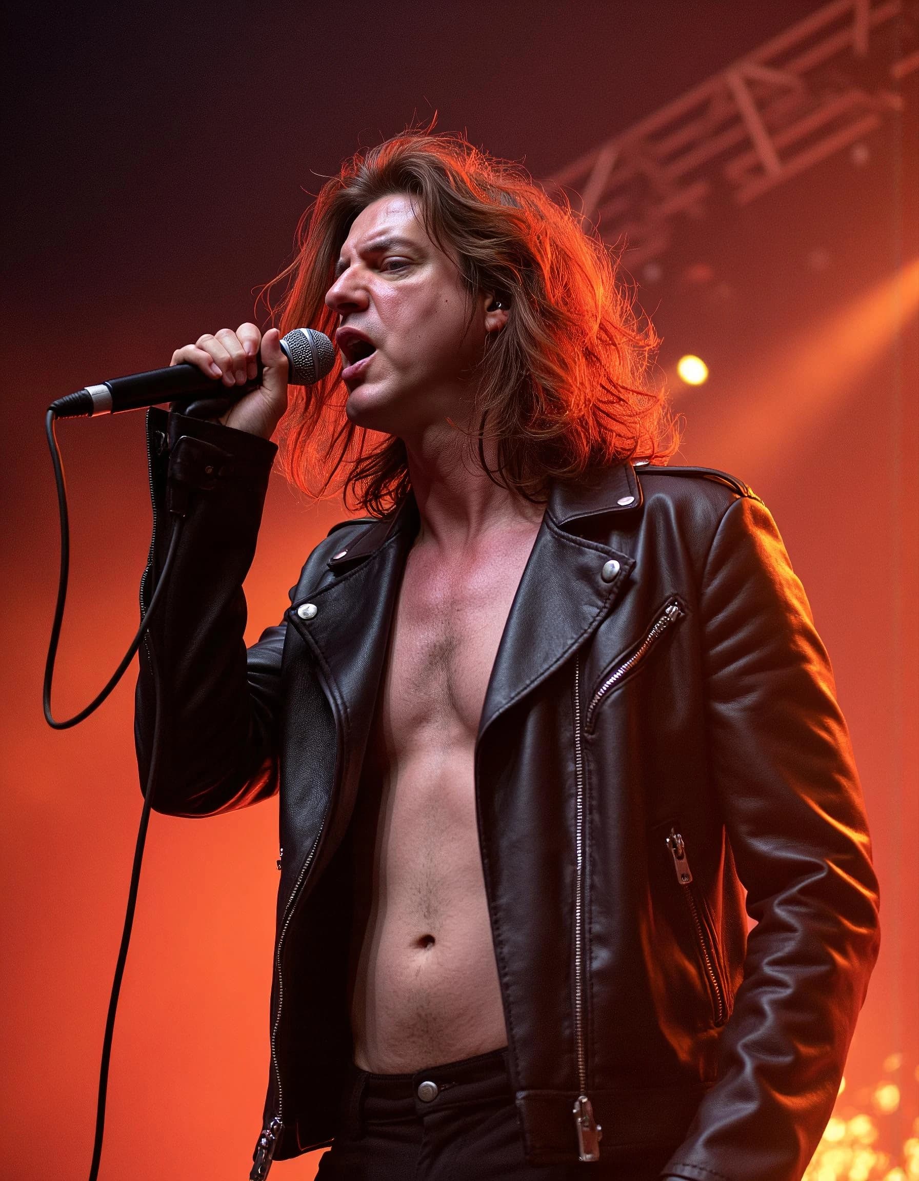 Professional headshot example: Man Stage Leather Jacket Singing — LinkedInHeadshots.ai