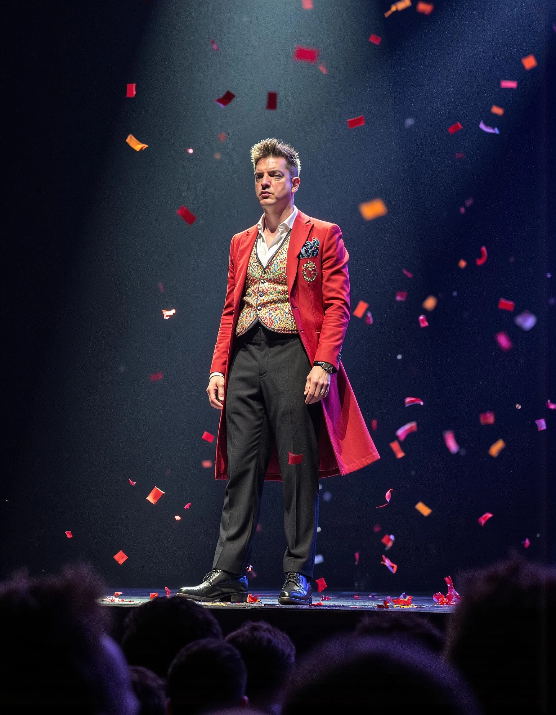 Professional headshot example: Man Stage Red Coat Standing — LinkedInHeadshots.ai