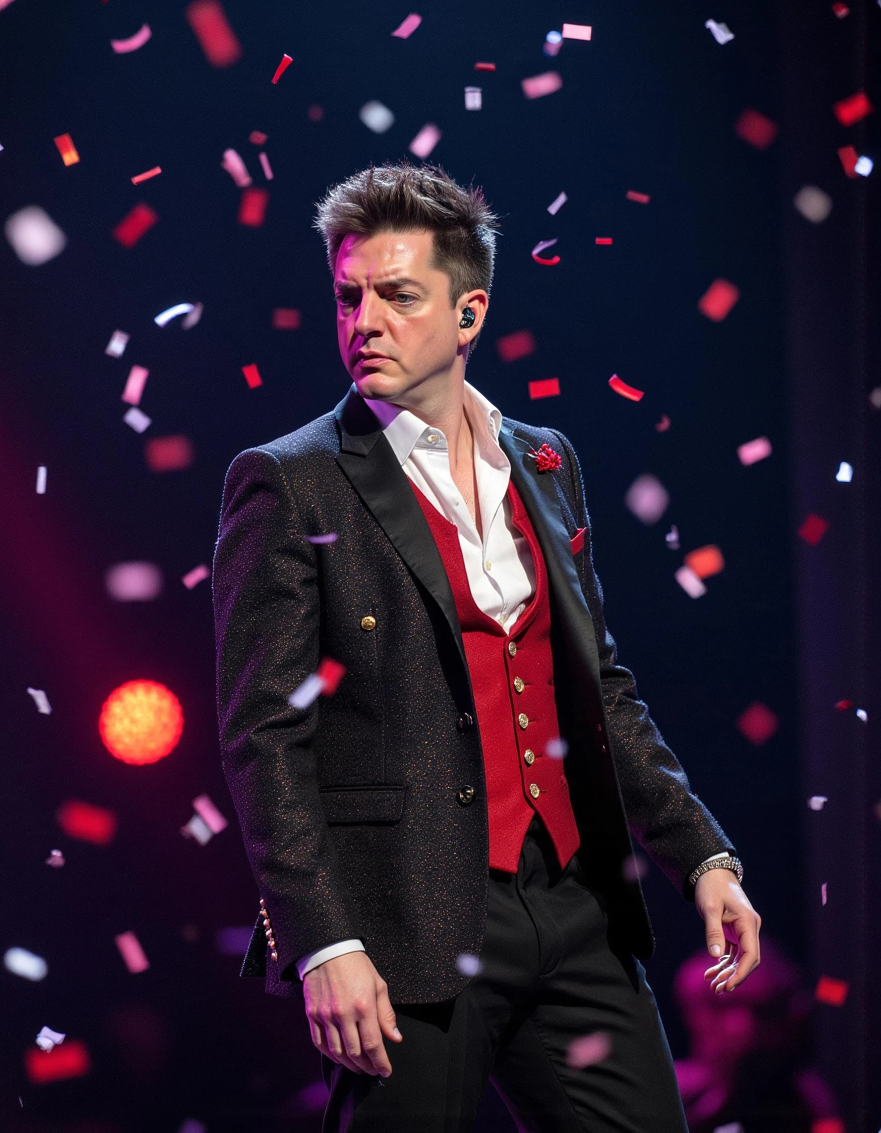 Professional headshot example: Man Stage Red Vest Confetti — LinkedInHeadshots.ai