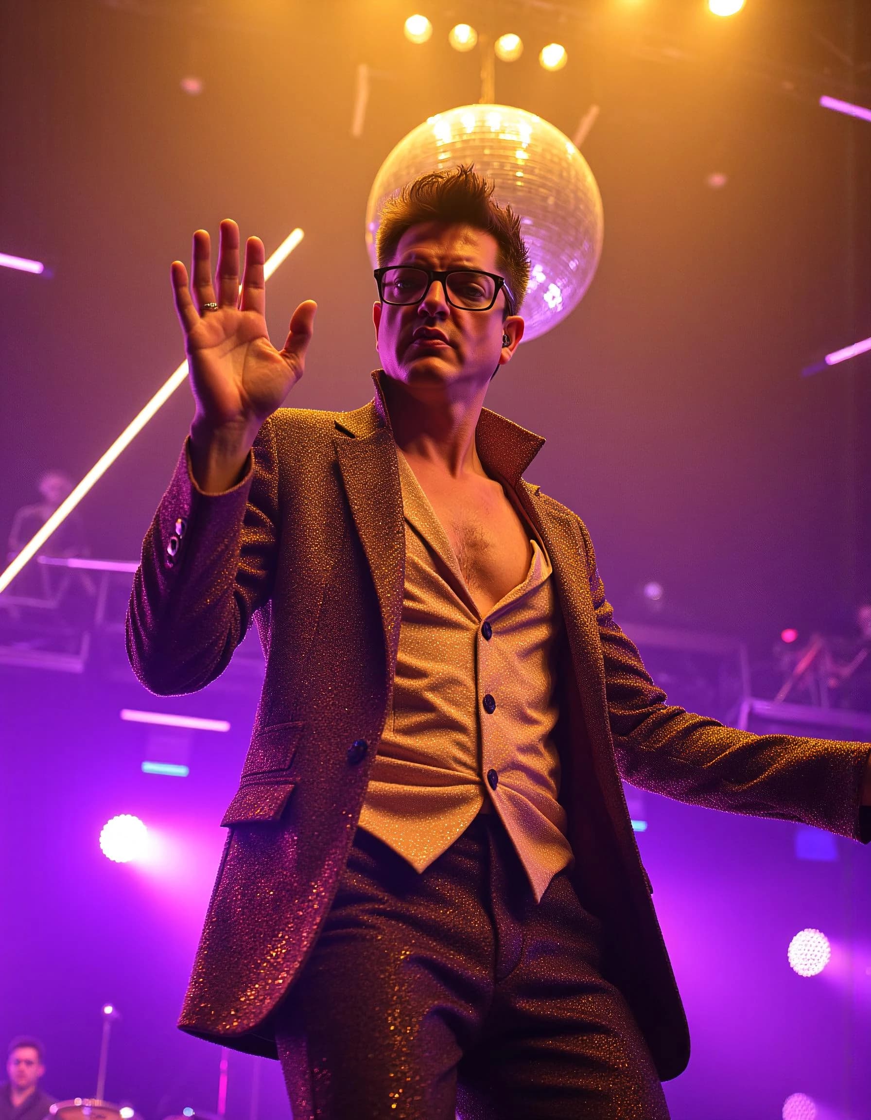 Professional headshot example: Man Stage Sparkly Suit Dancing — LinkedInHeadshots.ai