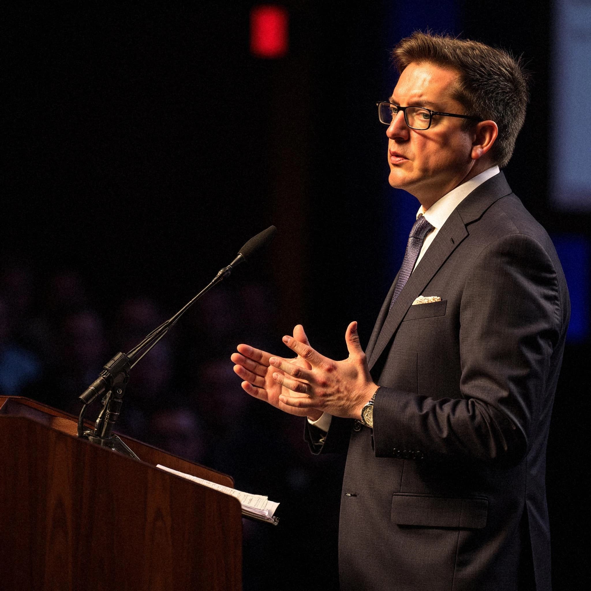 Professional headshot example: Man Stage Suit Speaking — LinkedInHeadshots.ai