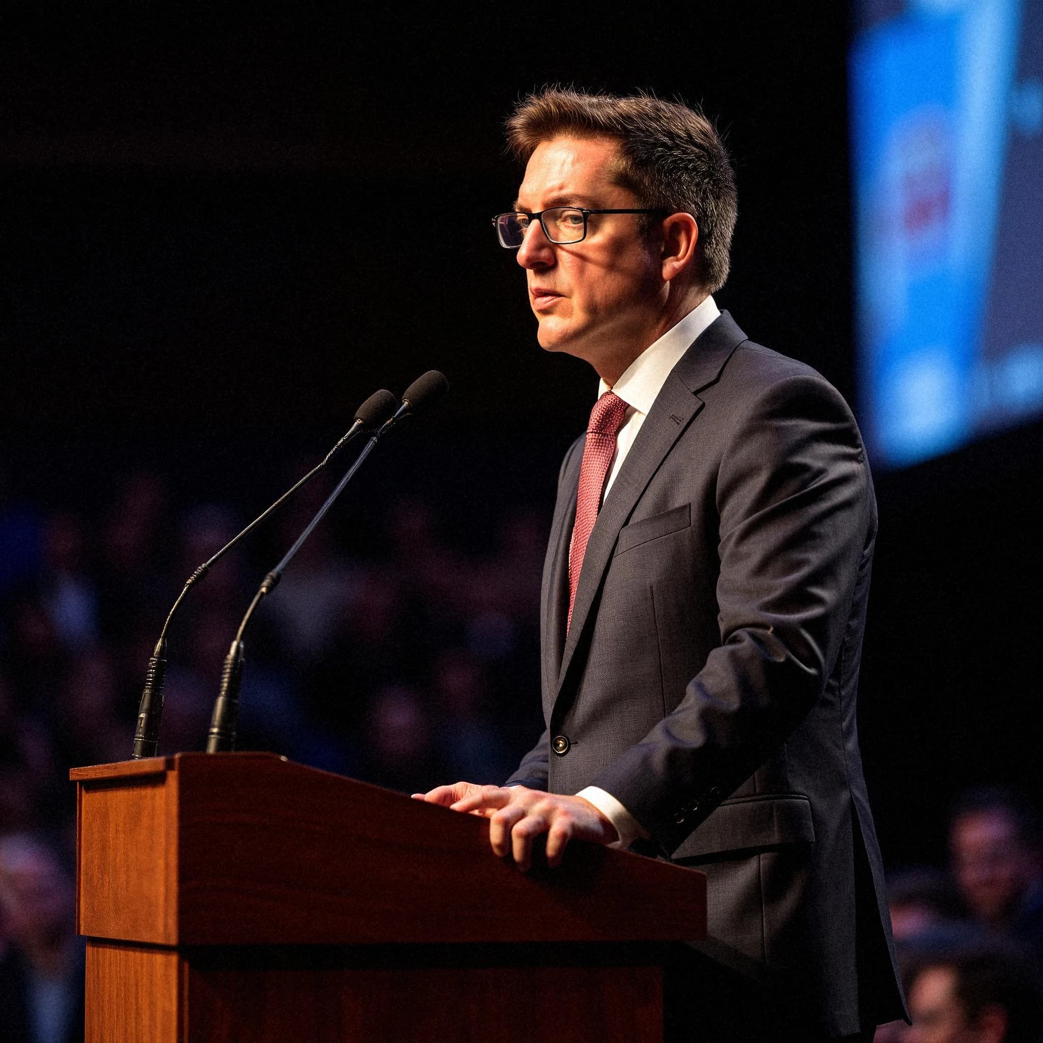 Professional headshot example: Man Stage Suit Speaking 2 — LinkedInHeadshots.ai