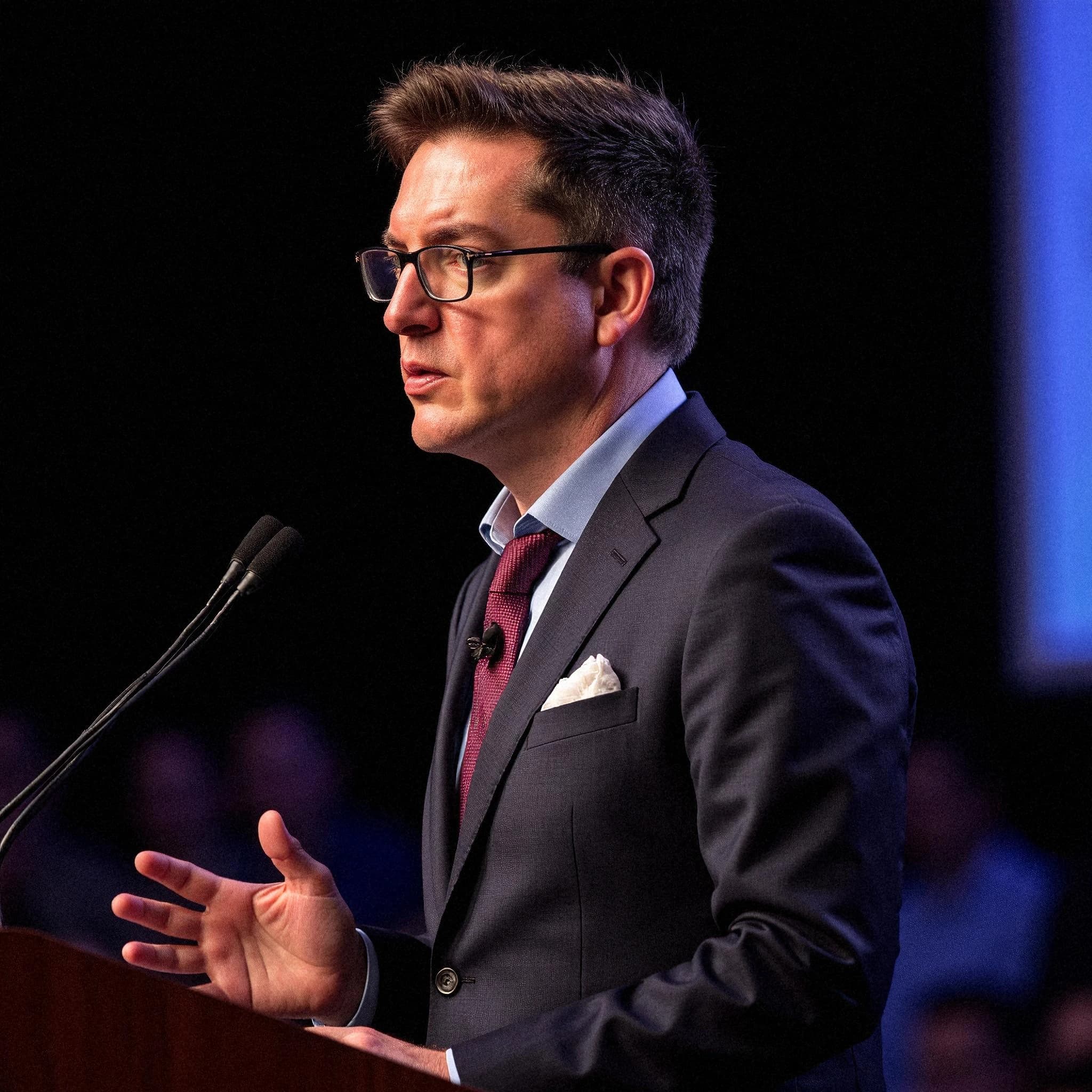 Professional headshot example: Man Stage Suit Speaking 3 — LinkedInHeadshots.ai