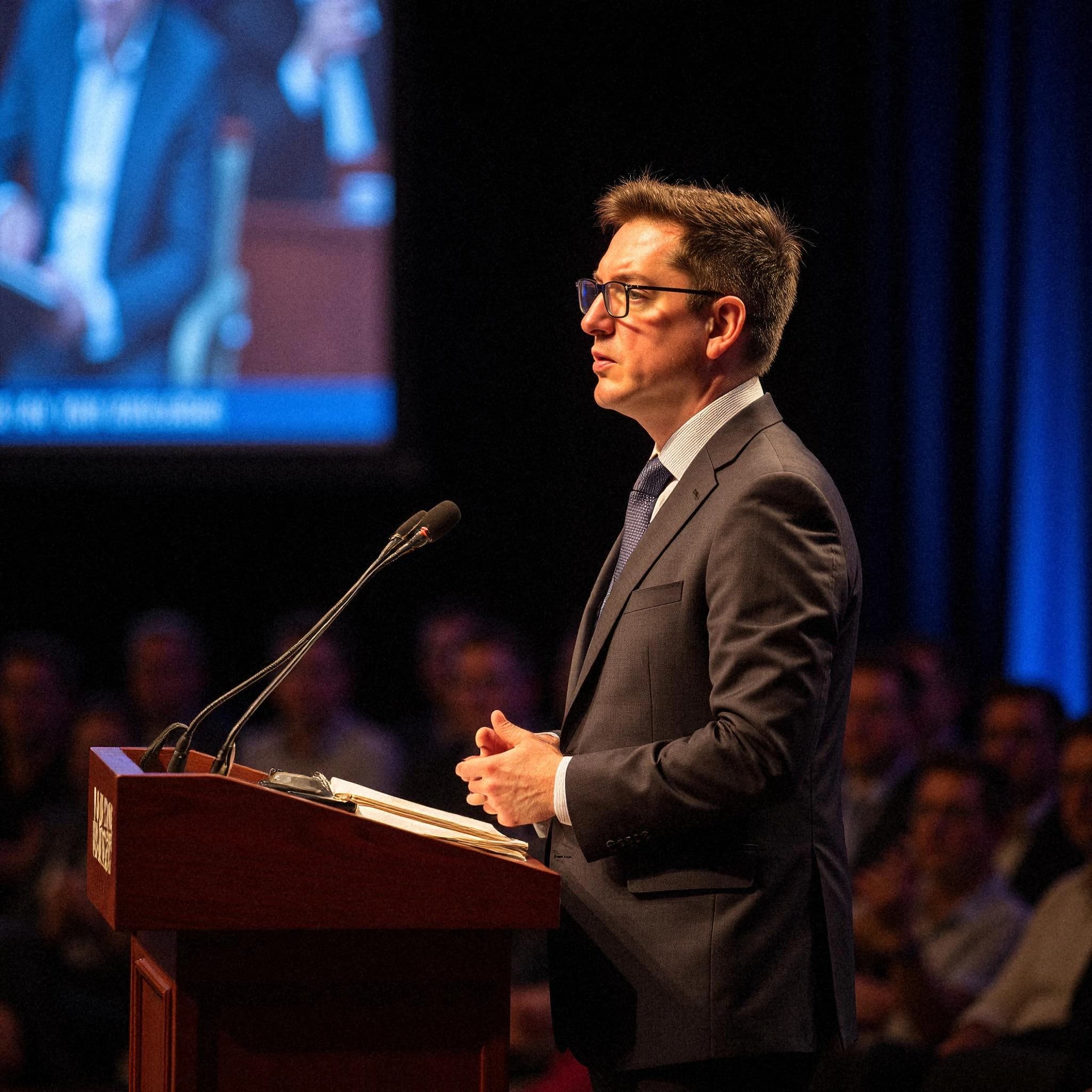 Professional headshot example: Man Stage Suit Speaking Podium 2 — LinkedInHeadshots.ai