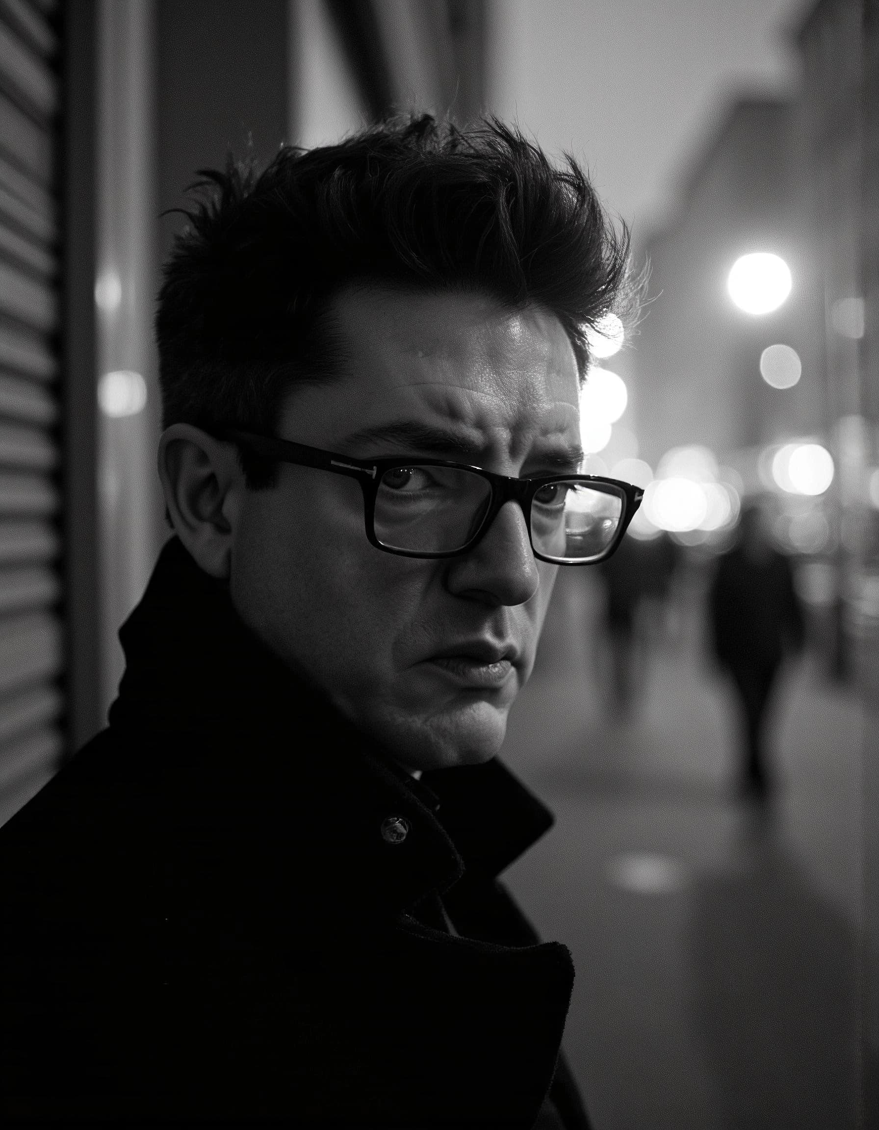 Professional headshot example: Man Street Black Coat Glasses — LinkedInHeadshots.ai