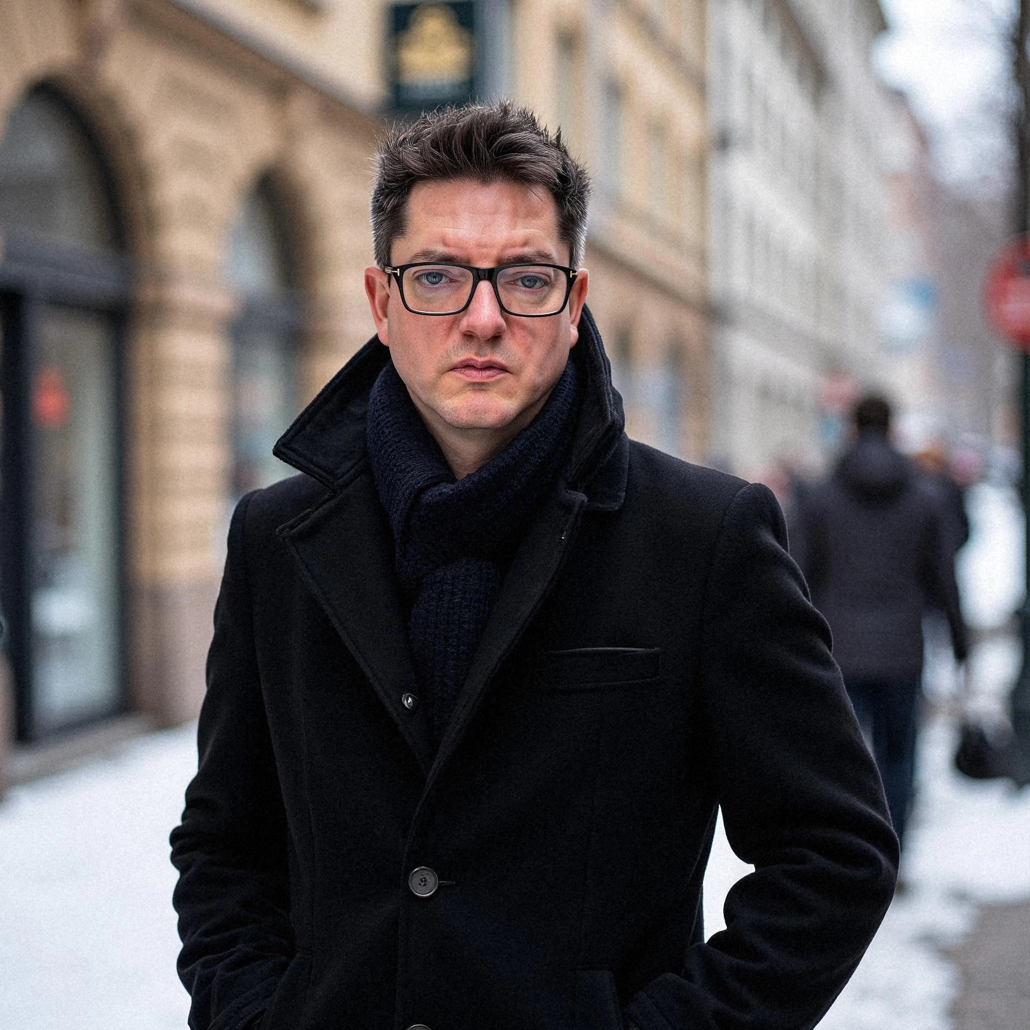 Professional headshot example: Man Street Black Coat Standing 2 — LinkedInHeadshots.ai