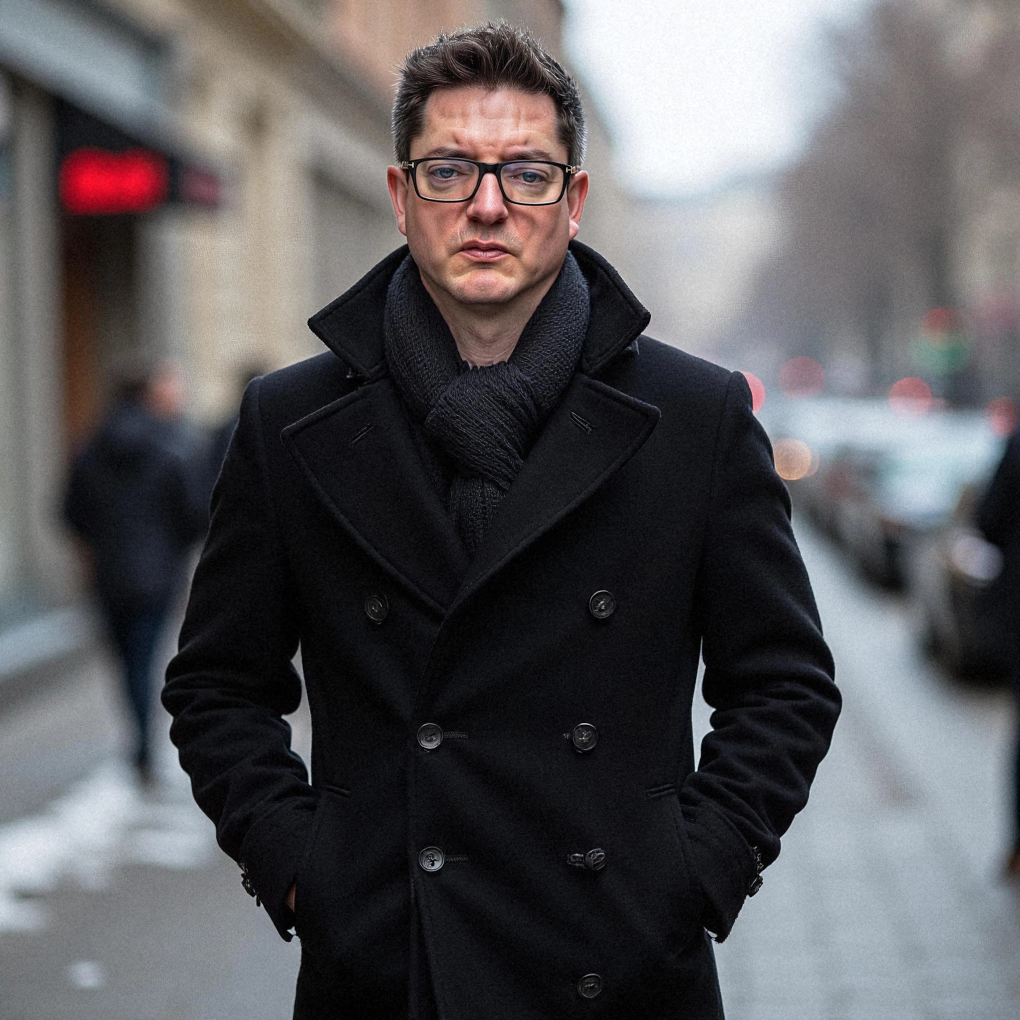 Professional headshot example: Man Street Black Coat Standing 3 — LinkedInHeadshots.ai