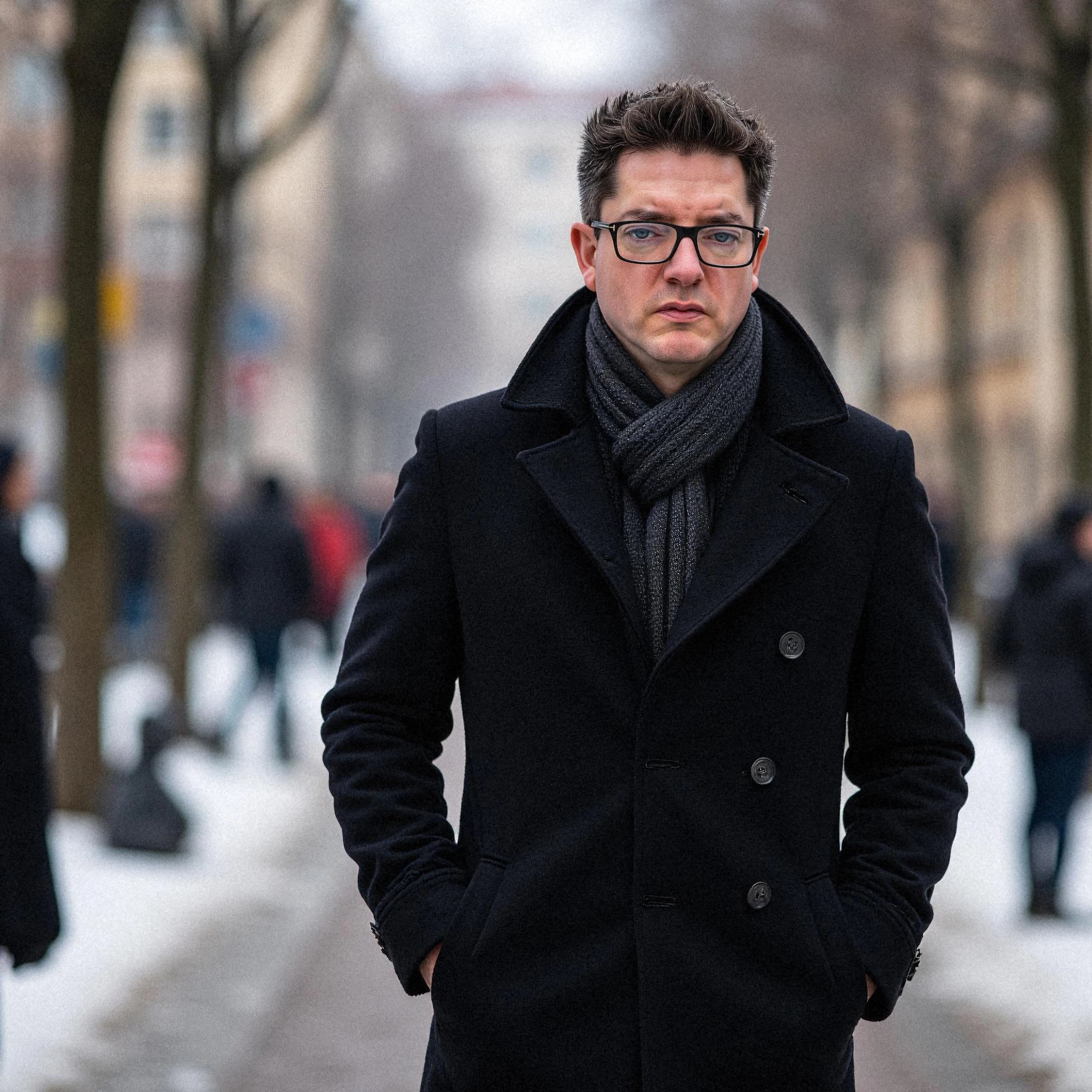 Professional headshot example: Man Street Black Coat Walking — LinkedInHeadshots.ai