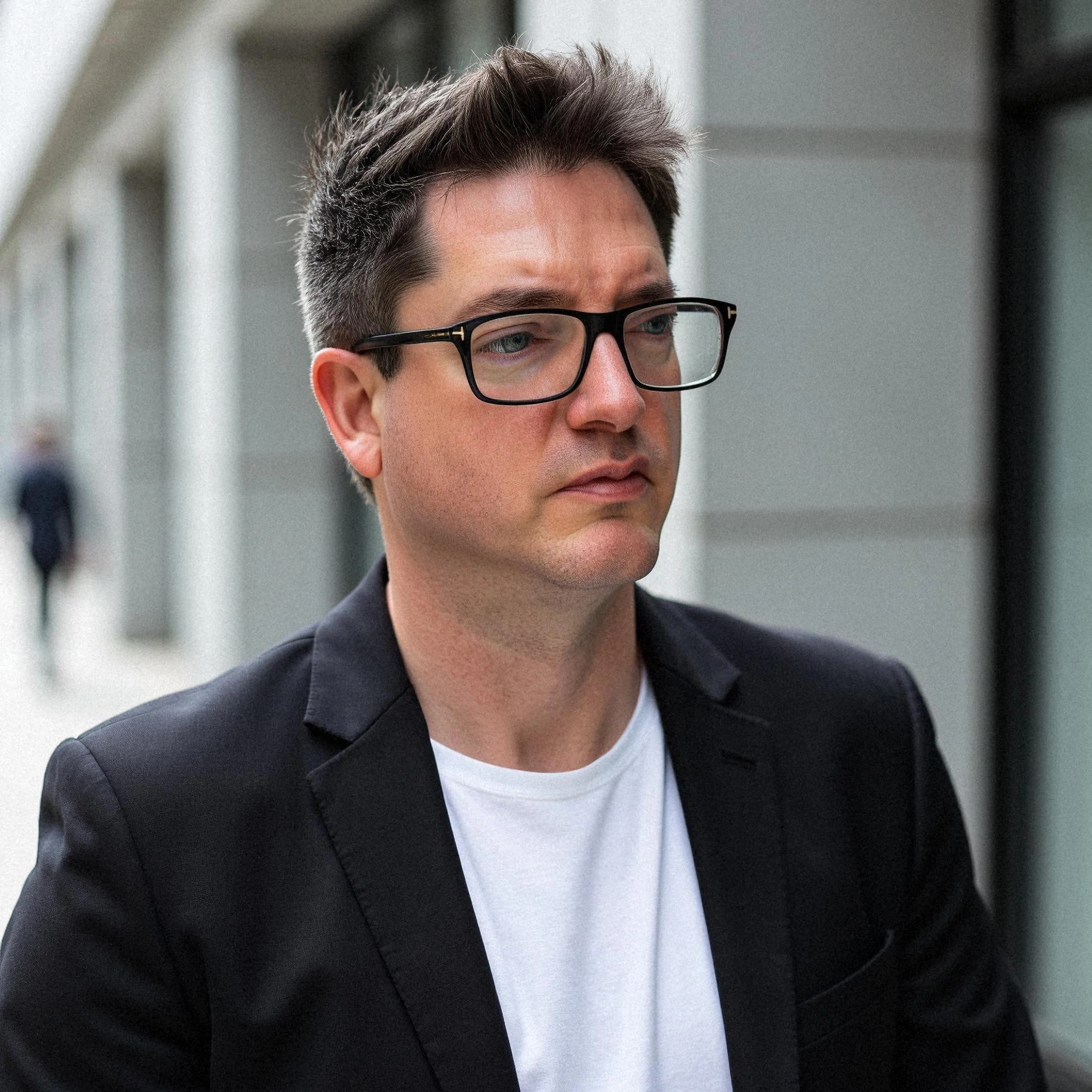 Professional headshot example: Man Street Black Jacket Glasses — LinkedInHeadshots.ai