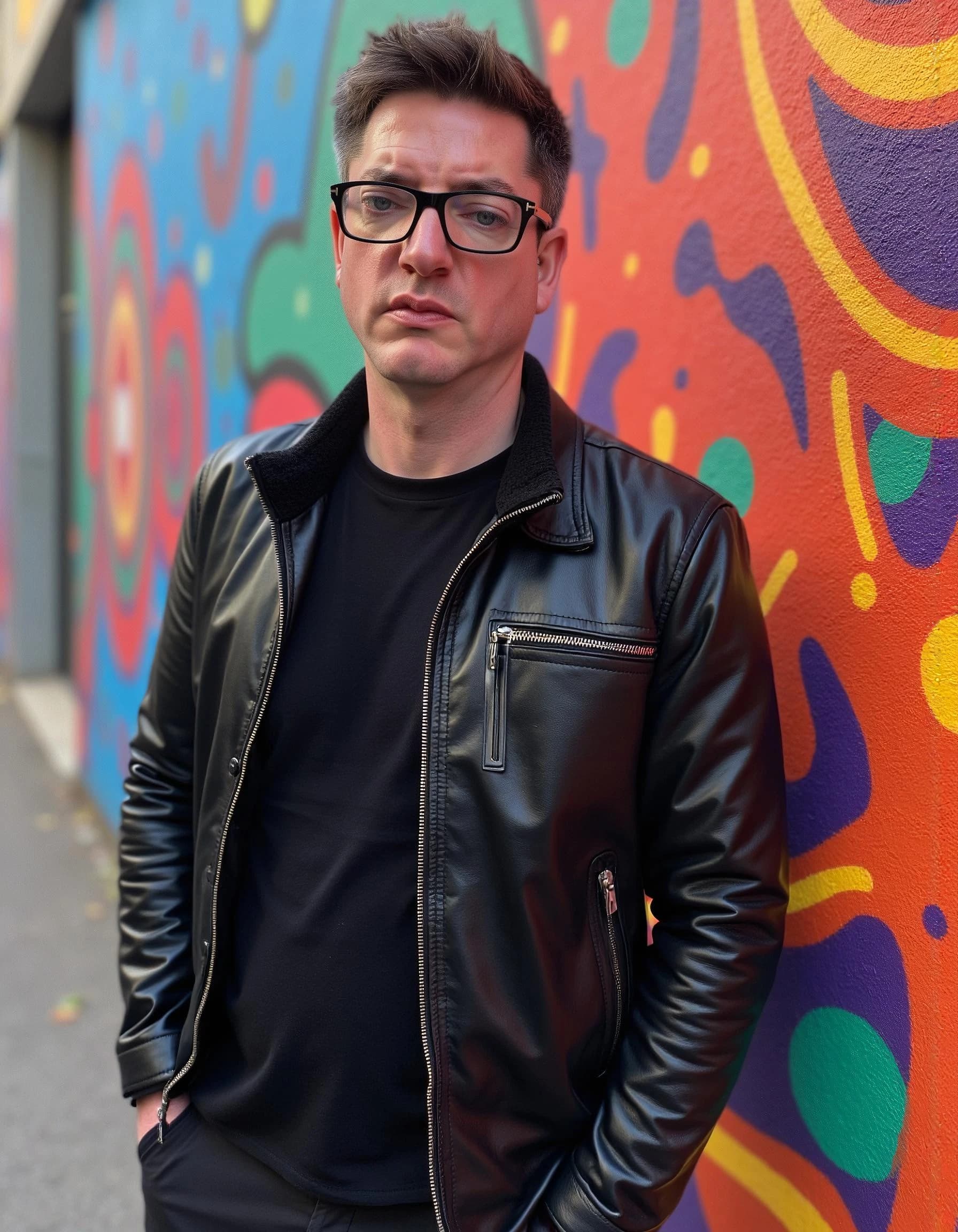 Professional headshot example: Man Street Black Jacket Standing — LinkedInHeadshots.ai