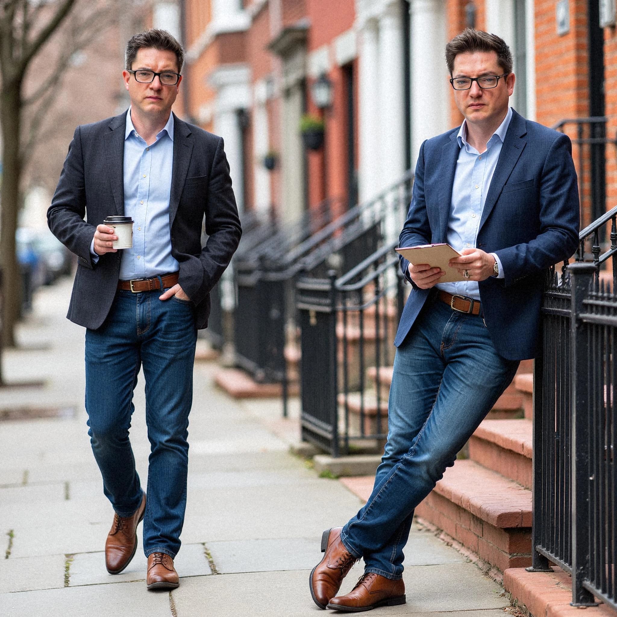 Professional headshot example: Man Street Blazer Coffee Tablet — LinkedInHeadshots.ai