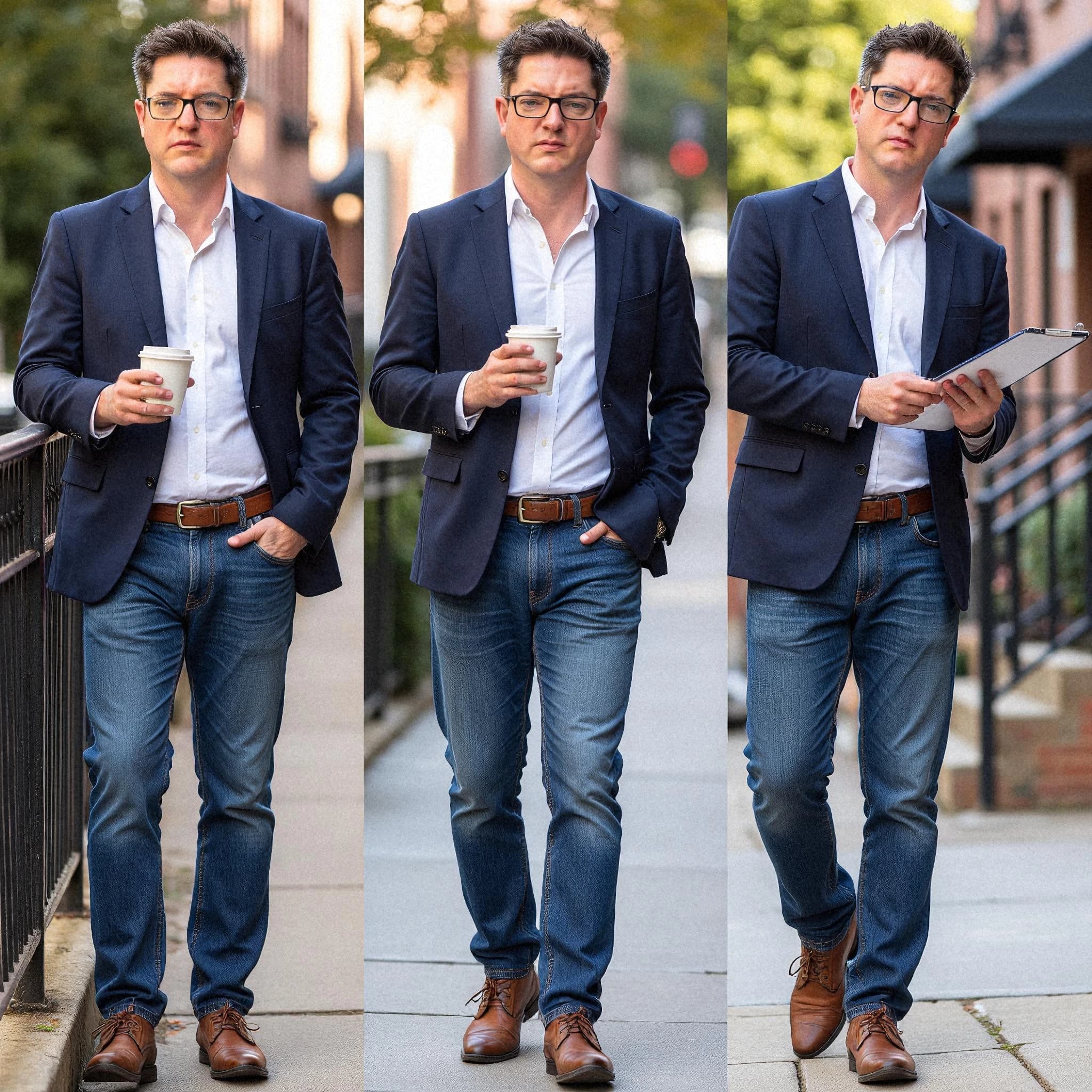 Professional headshot example: Man Street Blazer Holding Coffee — LinkedInHeadshots.ai