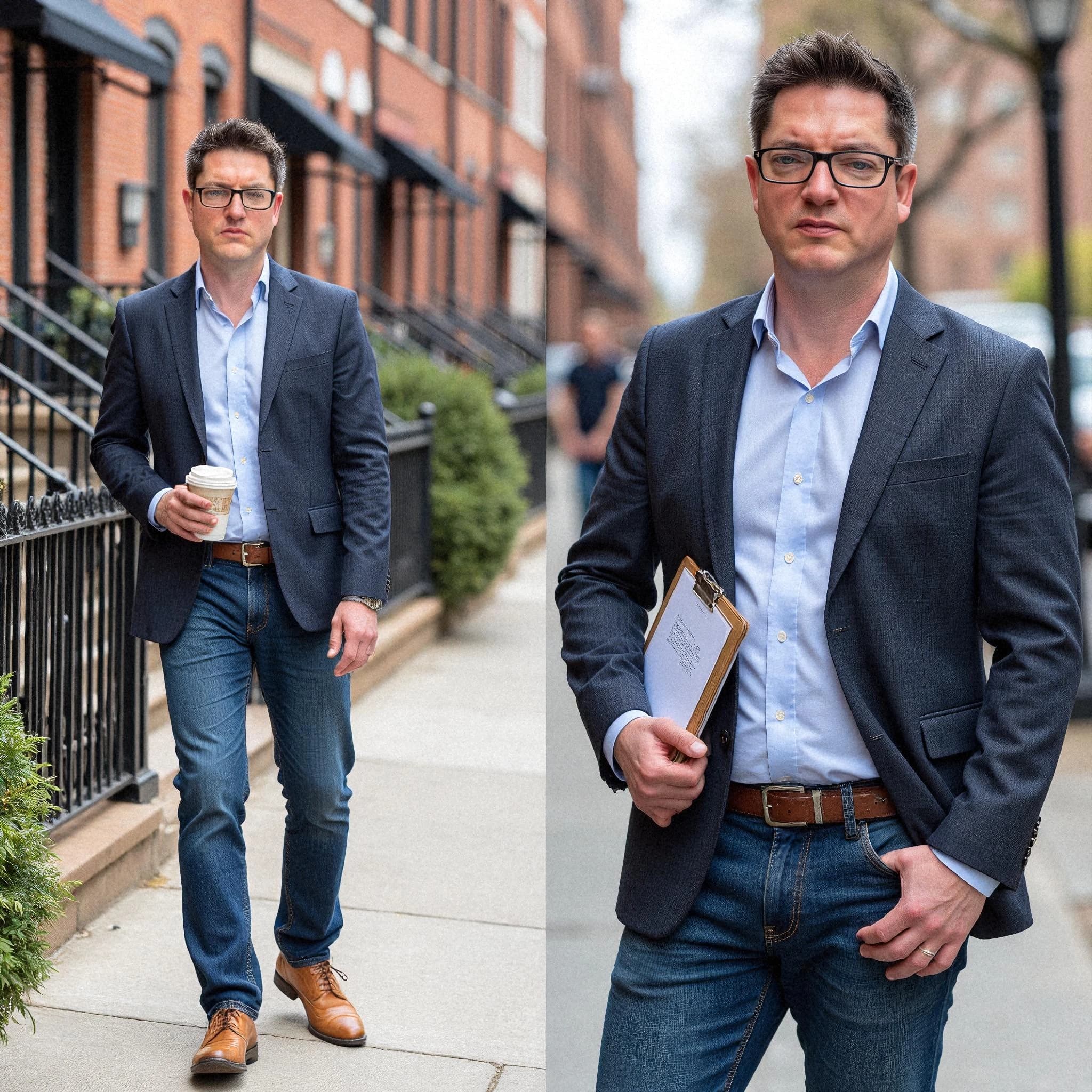 Professional headshot example: Man Street Blazer Holding Coffee 2 — LinkedInHeadshots.ai